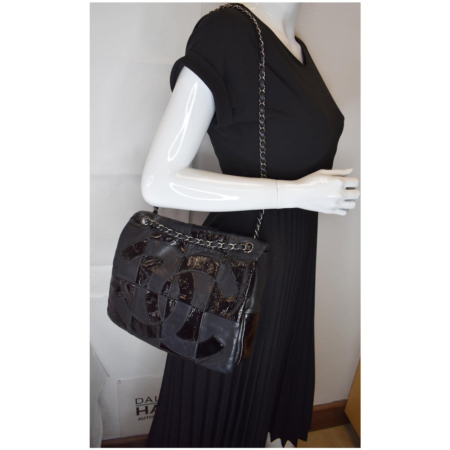 Chanel Brooklyn Patchwork Patent Shoulder Bag Leather Black