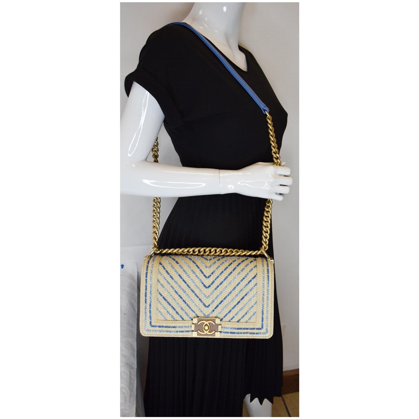 Chanel Boy Chevron Cotton Mixed Fibers Shoulder Bag Beige Medium