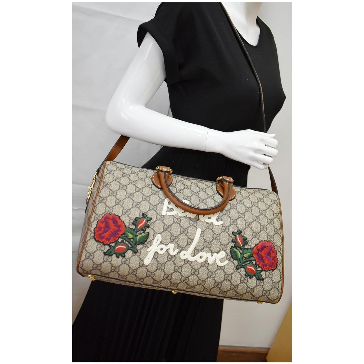 Gucci Blind For Love Embroidered Supreme Boston Bag Canvas Brown Travel Bag