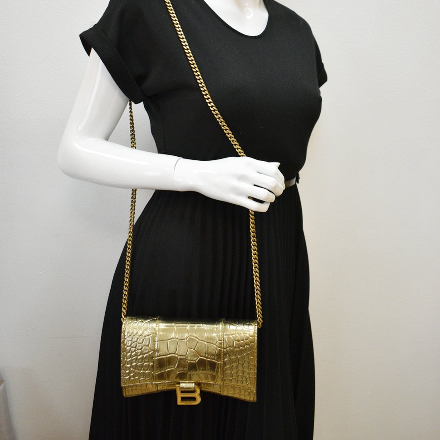 Balenciaga Hourglass Metallized Crocodile Embossed Wallet On Crossbody Gold Chain Crossbody Bag