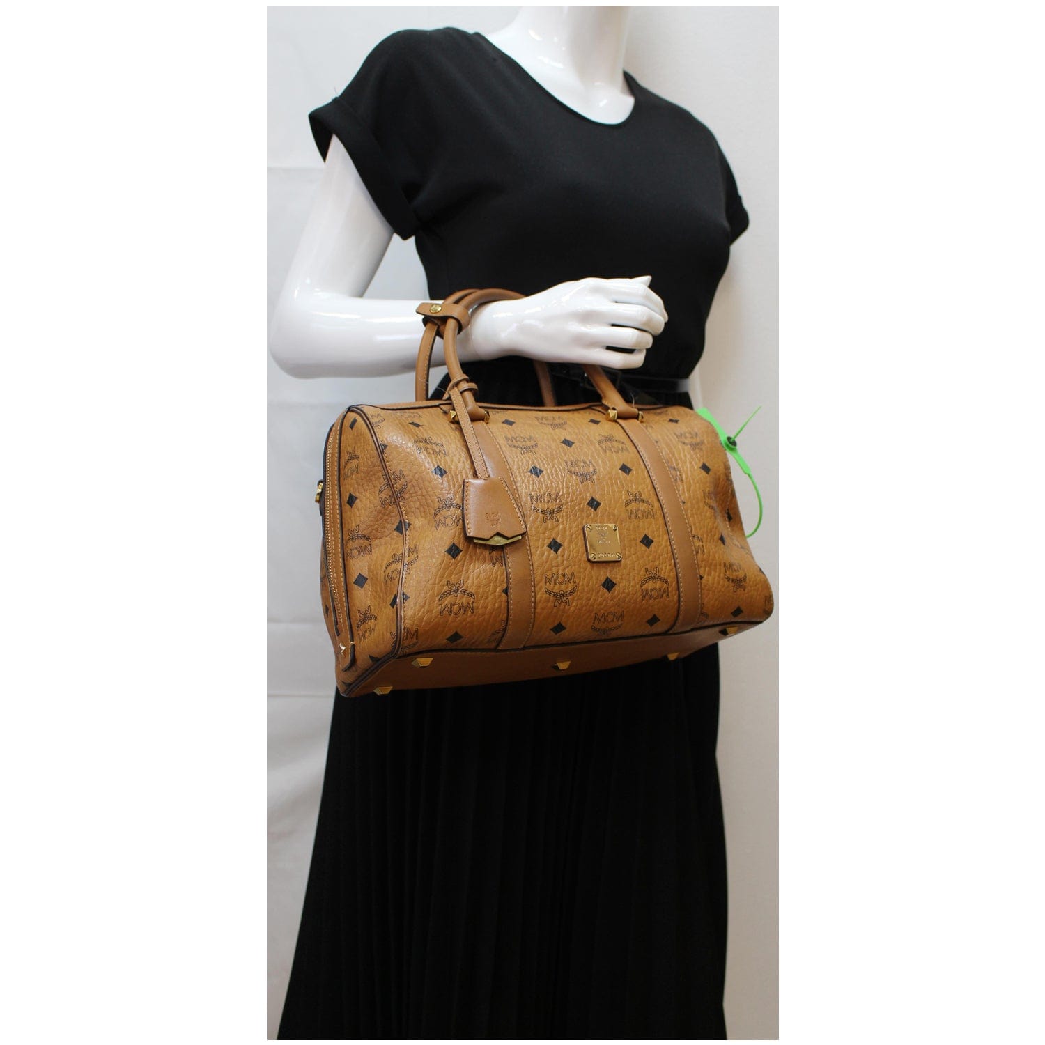 MCM Visetos Signature Boston Bag Cognac Leather Travel Bag