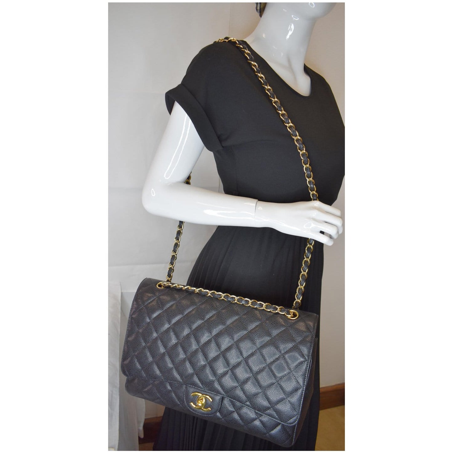 Chanel Maxi Double Caviar Shoulder Bag Leather Black