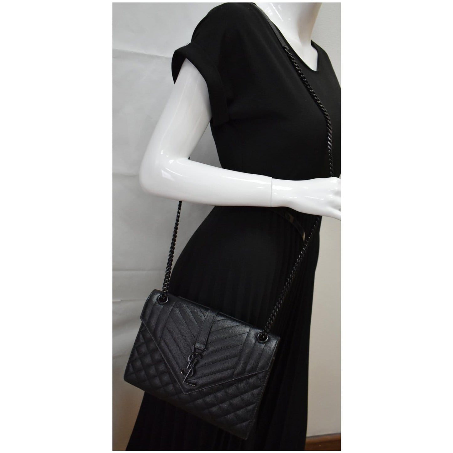 YSL Saint Laurent Saint Envelope Mix Matelassé Chain Crossbody Bag Leather Black