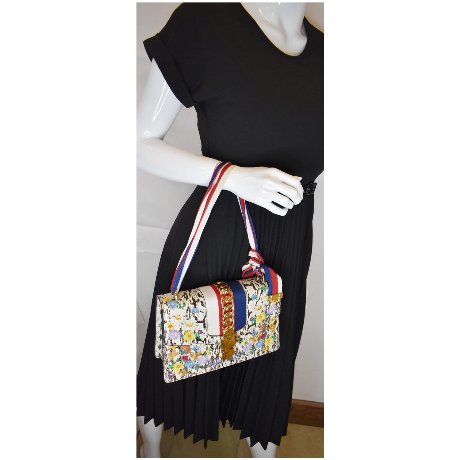 Gucci Sylvie Floral Embroidered Roccia Snakeskin Shoulder Bag Small