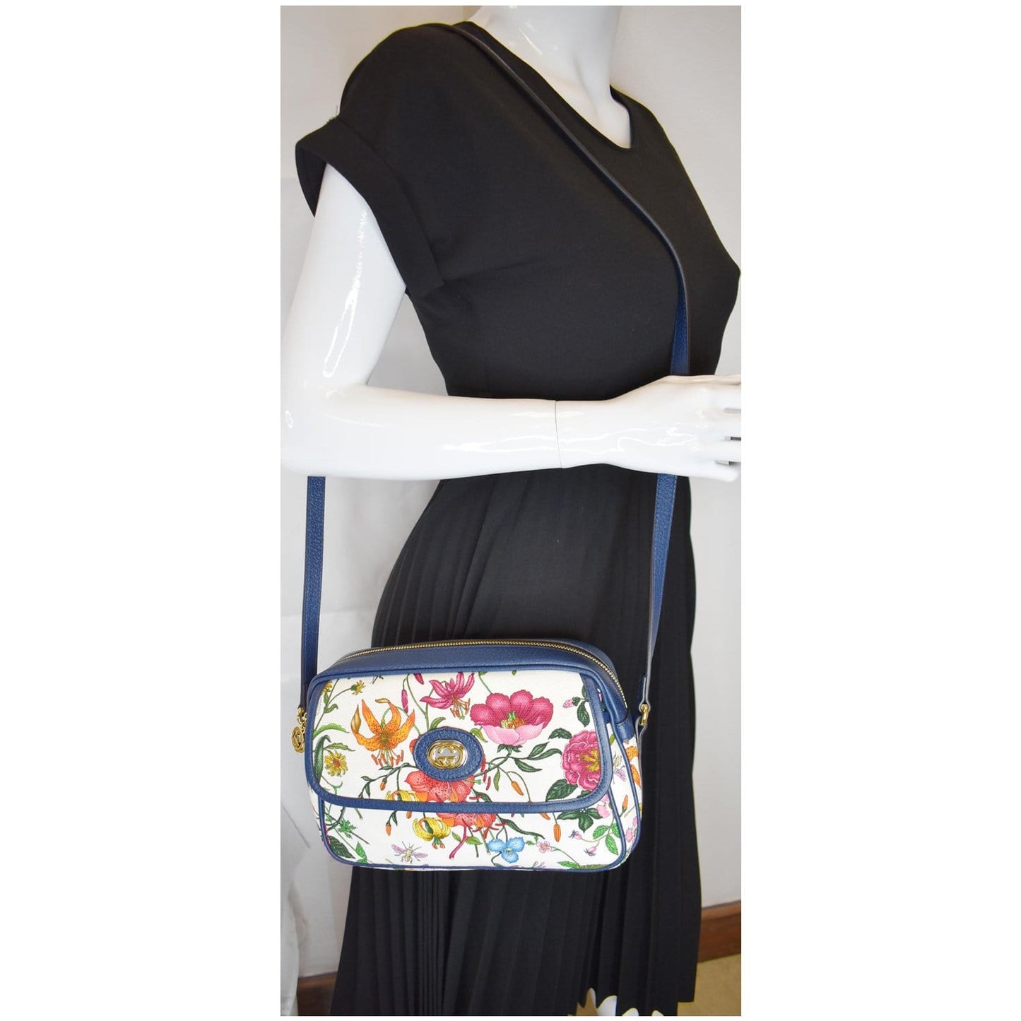 Gucci Flora Tote Shoulder Bag Canvas Blue