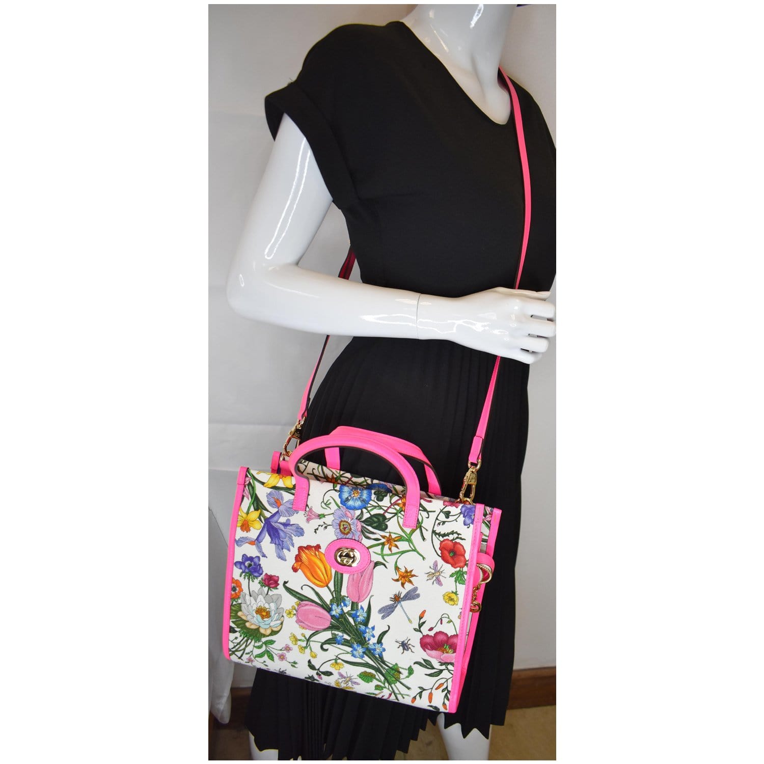 Gucci Flora Tote Shoulder Bag Canvas Pink