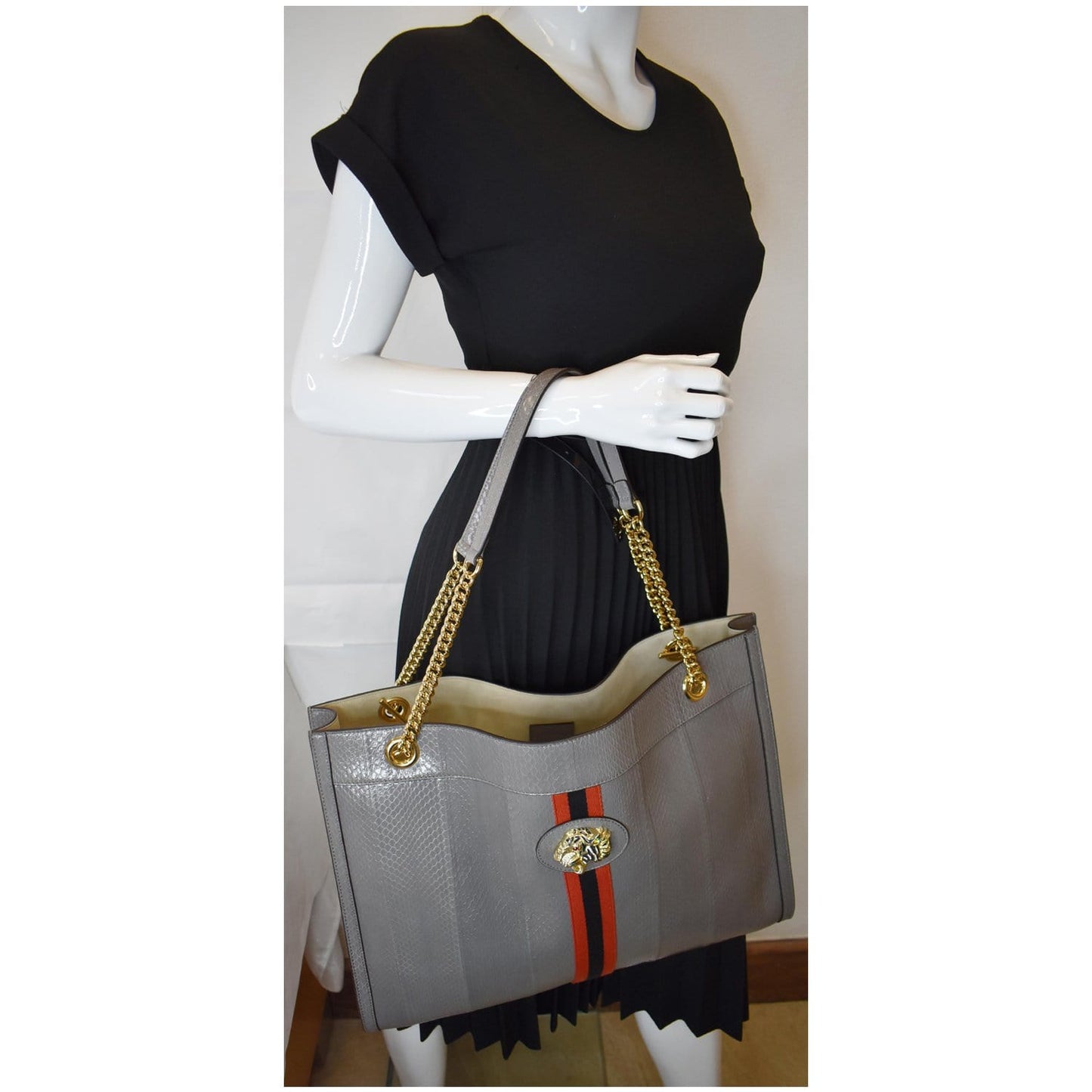 Gucci Rajah Snakeskin Tote Shoulder Bag Dusty Grey Large