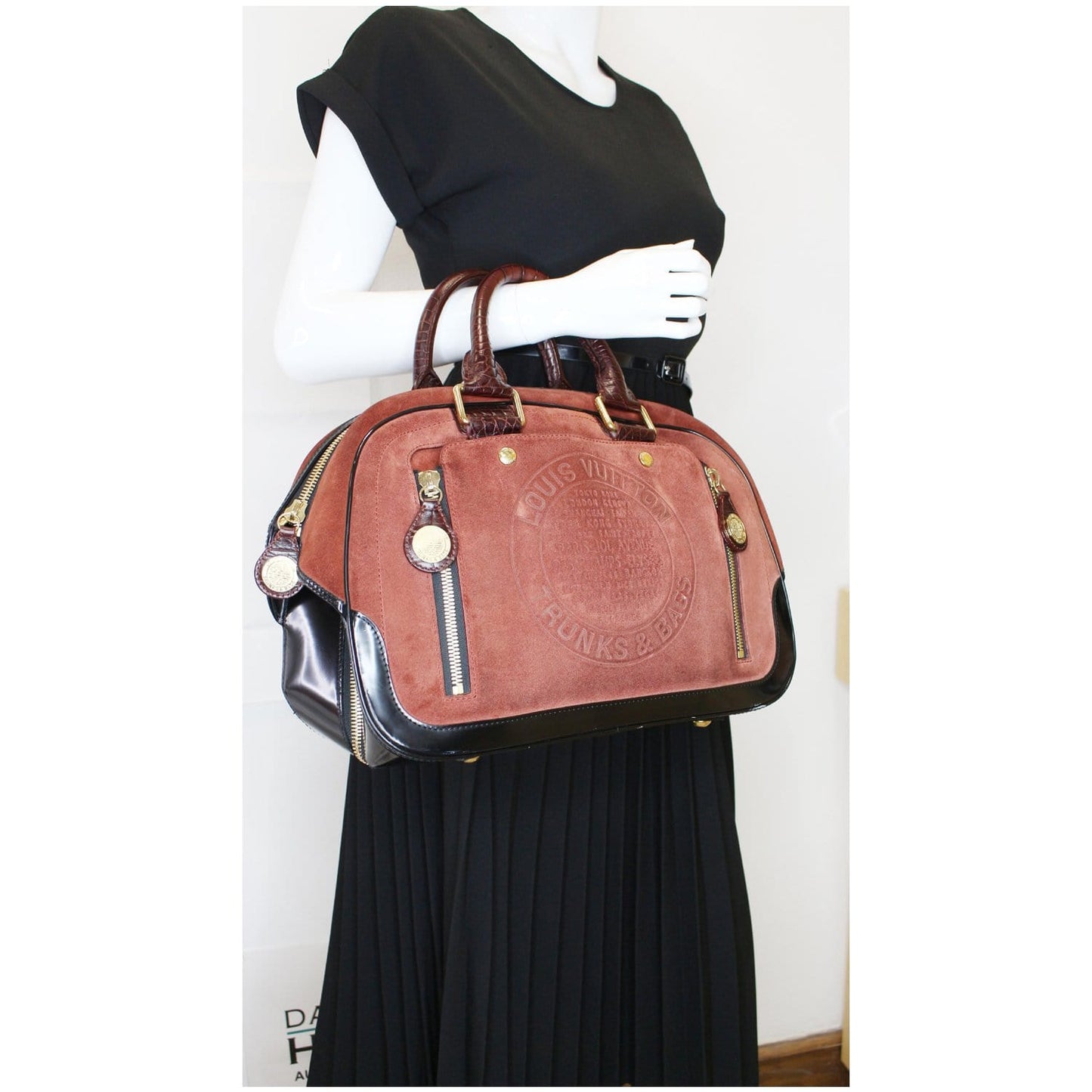 Louis Stamped Trunk Gm Havane Satchel Bag Suede Red Travel Bag