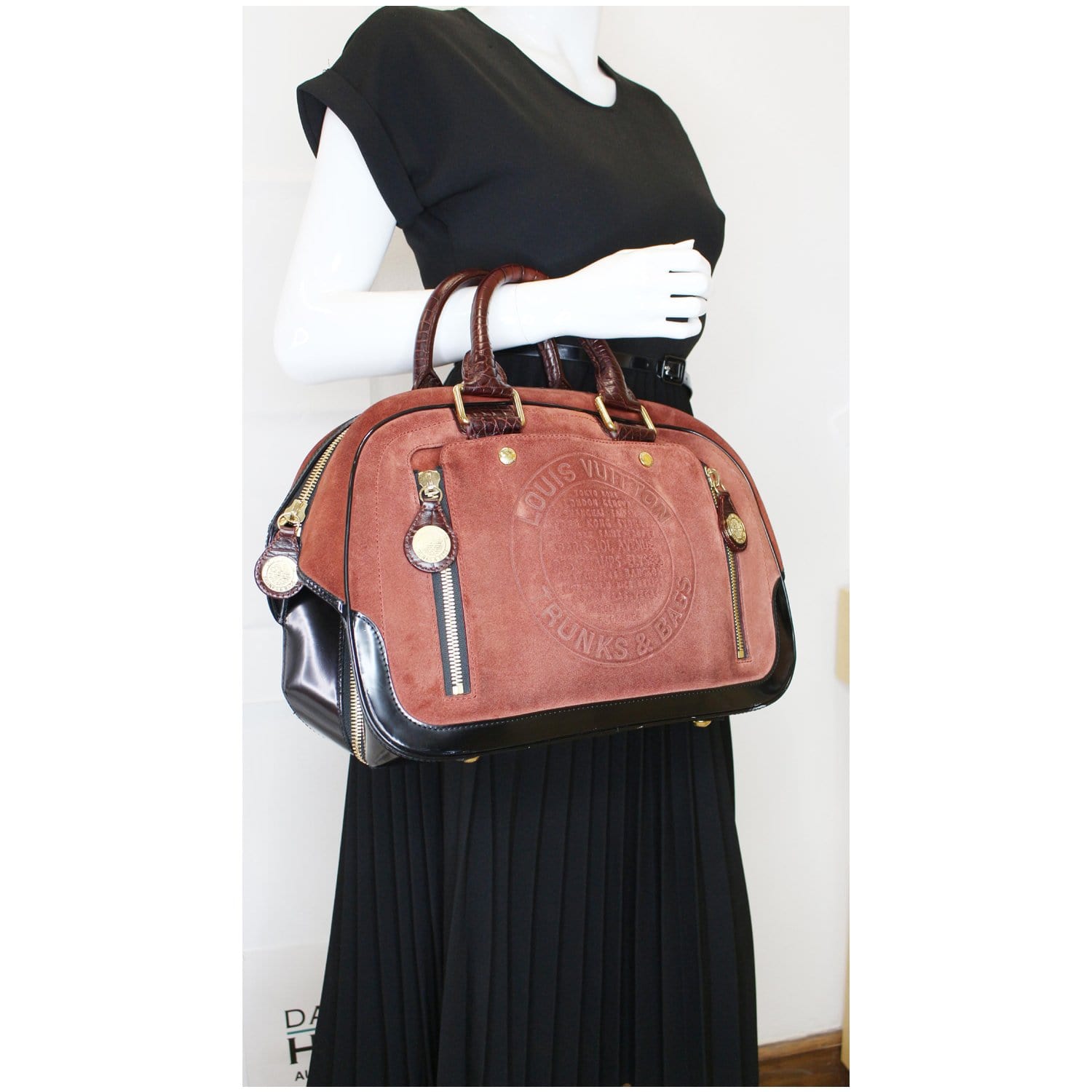 Louis Stamped Trunk Gm Havane Satchel Bag Suede Red Travel Bag
