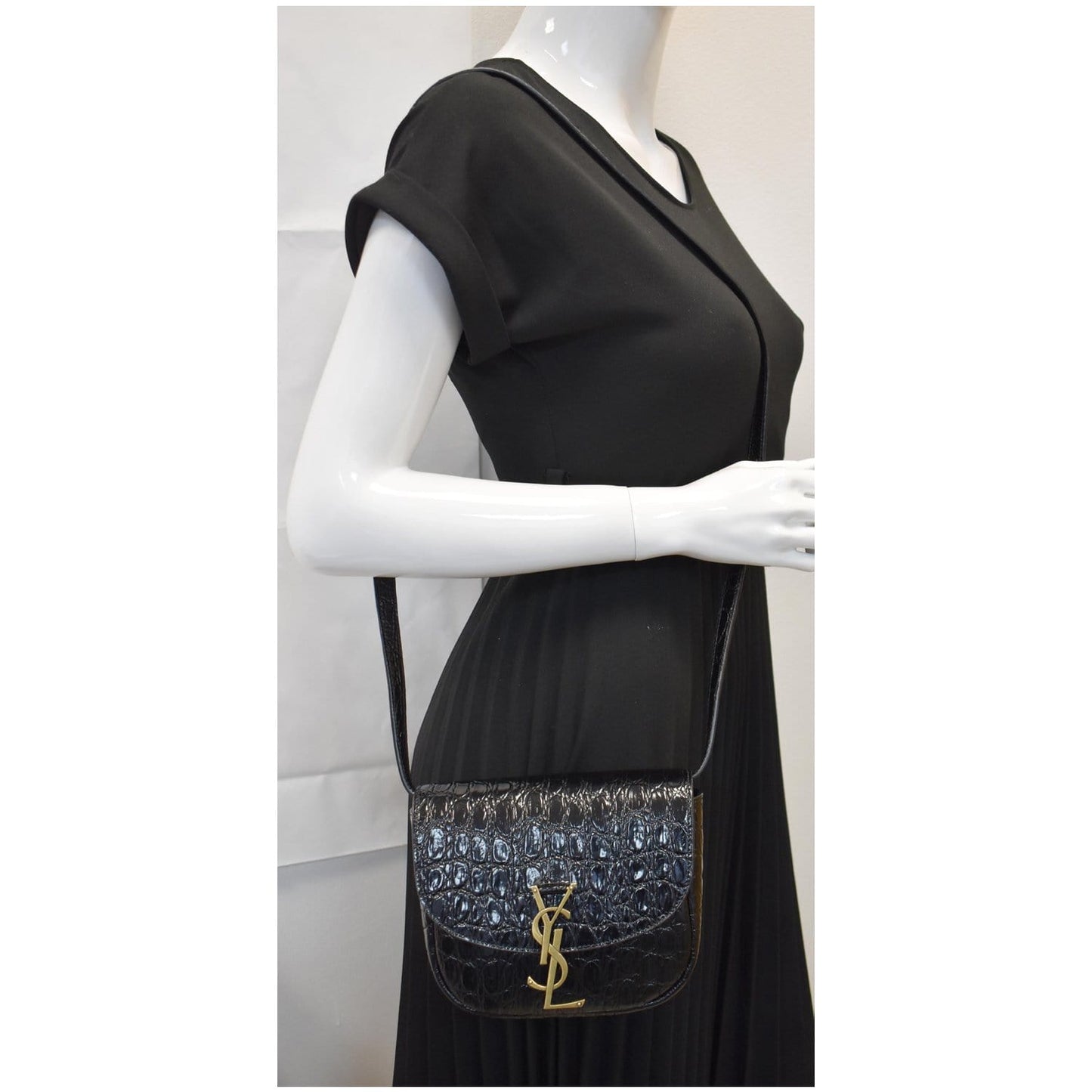 YSL Saint Laurent Saint Kaia Crocodile Embossed Satchel Bag Leather Black Travel Bag
