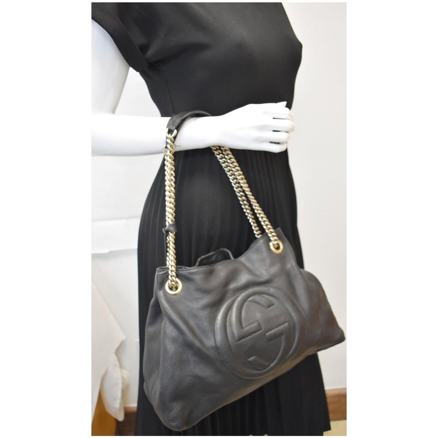 Gucci Soho Pebbled Shoulder Bag Leather Black