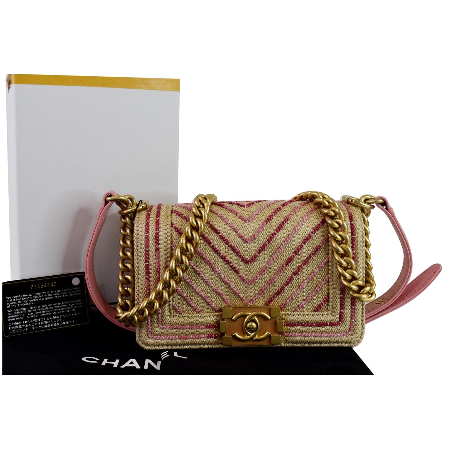 Chanel Boy Chevron Cotton Mixed Fibers Shoulder Bag Pink Small