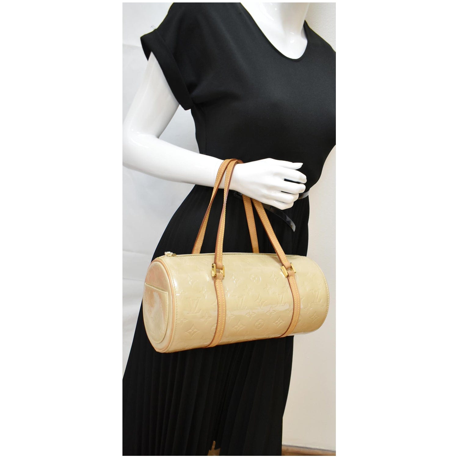 Louis Bedford Papillon Vernis Satchel Bag Leather Beige Travel Bag