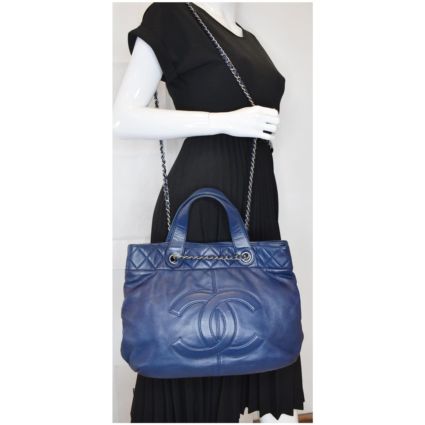 Chanel Soft Cc Shopping Tote Shoulder Bag Leather Blue