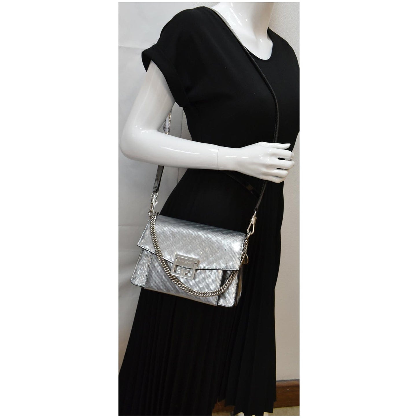 Givenchy Gv3 Crossbody Bag Metallic Leather Silver