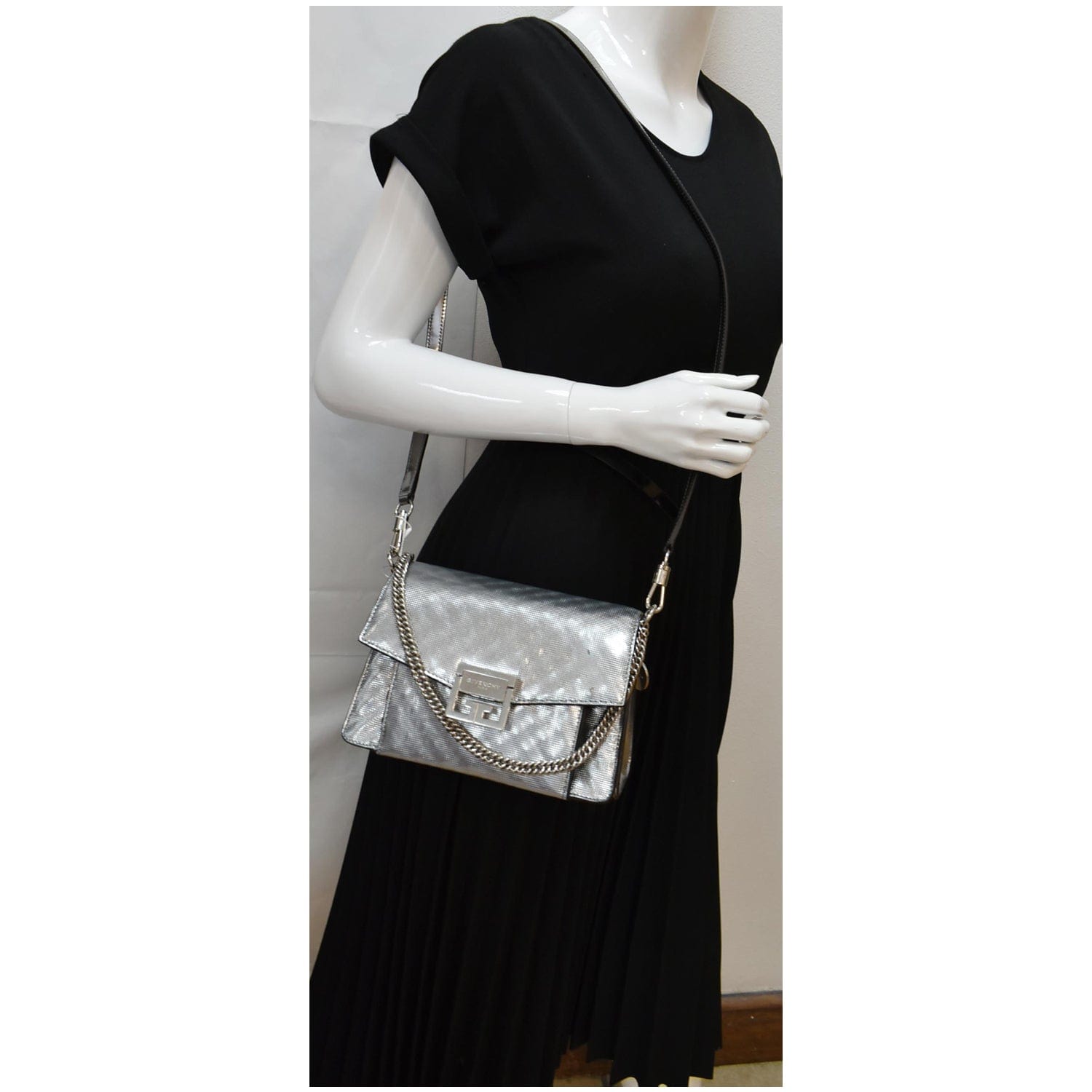 Givenchy Gv3 Crossbody Bag Metallic Leather Silver