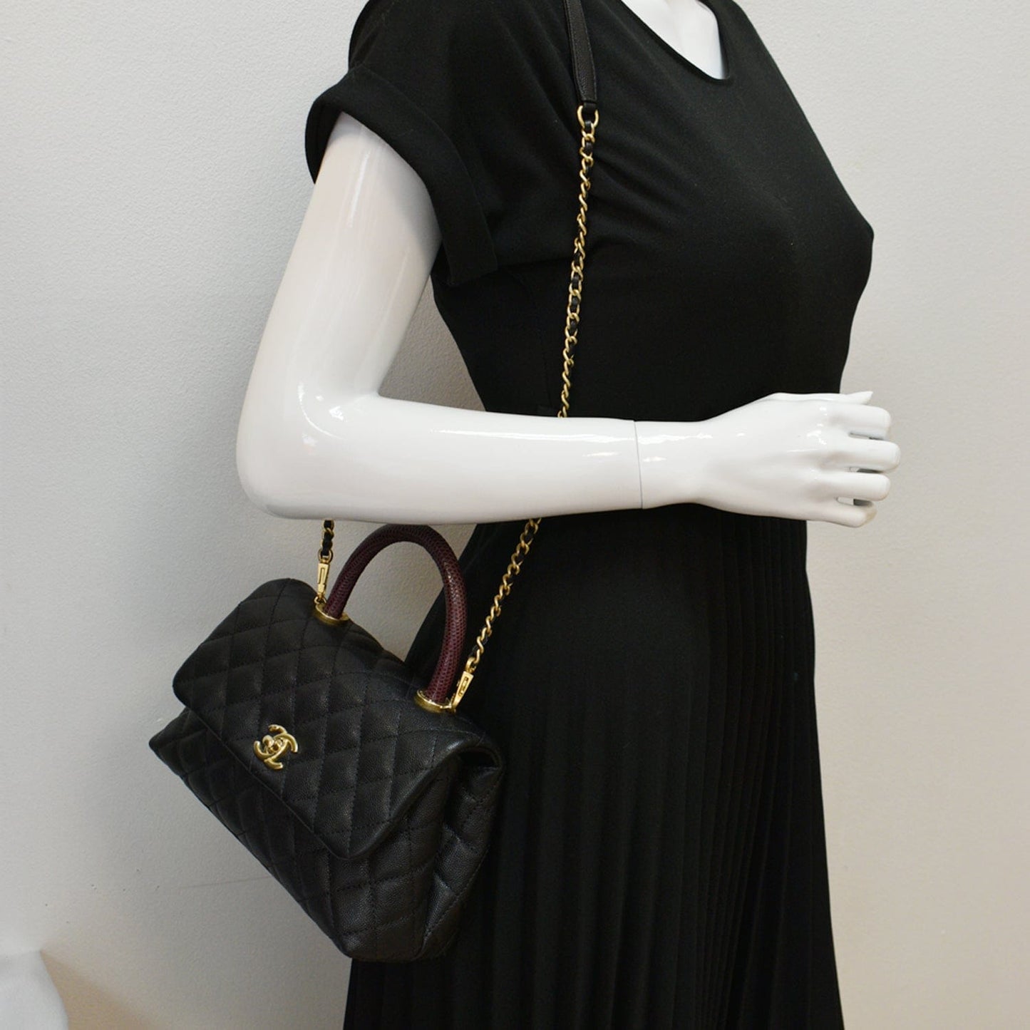 Chanel Coco Top Lizard Handle Caviar Shoulder Bag Leather Black