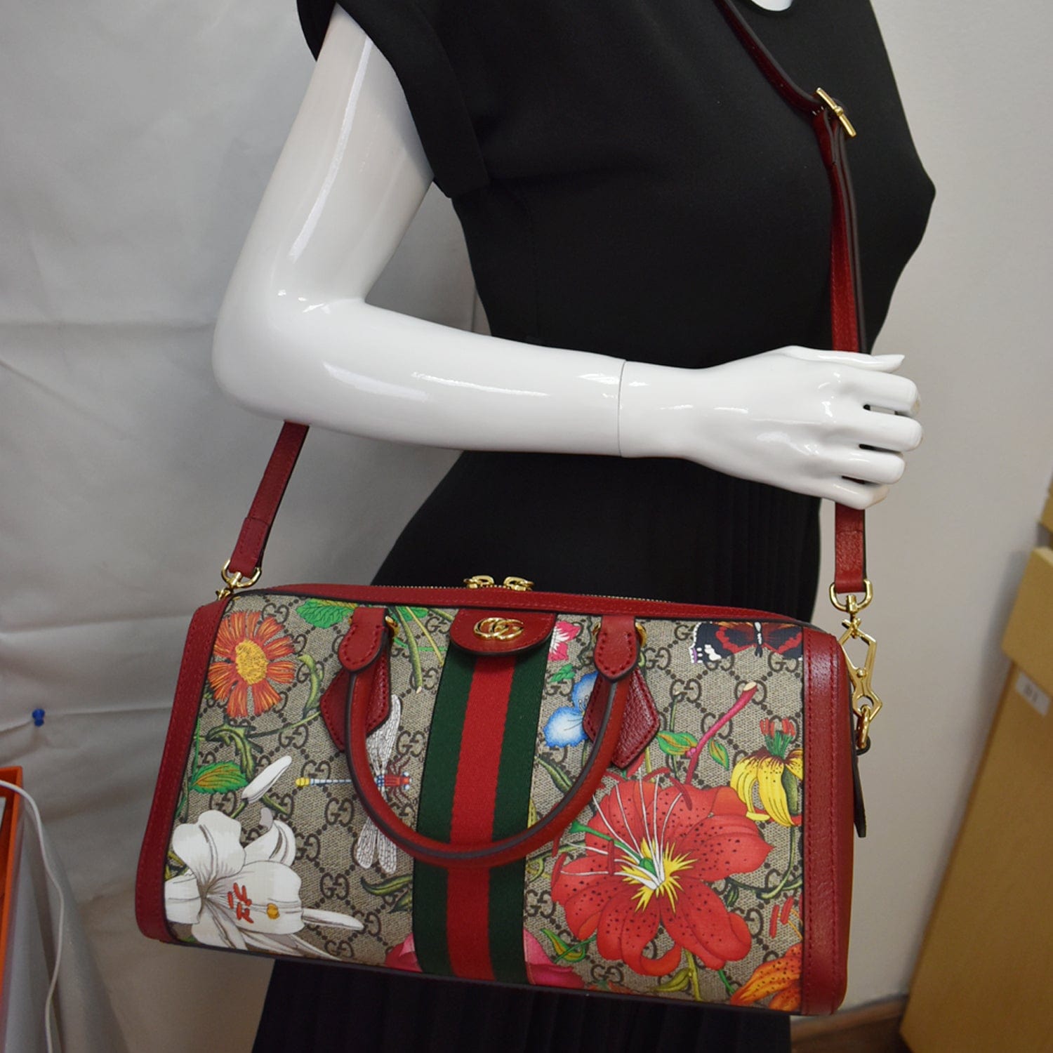 Gucci Ophidia Flora Web Supreme Top Handle Shoulder Canvas Red Shoulder Bag