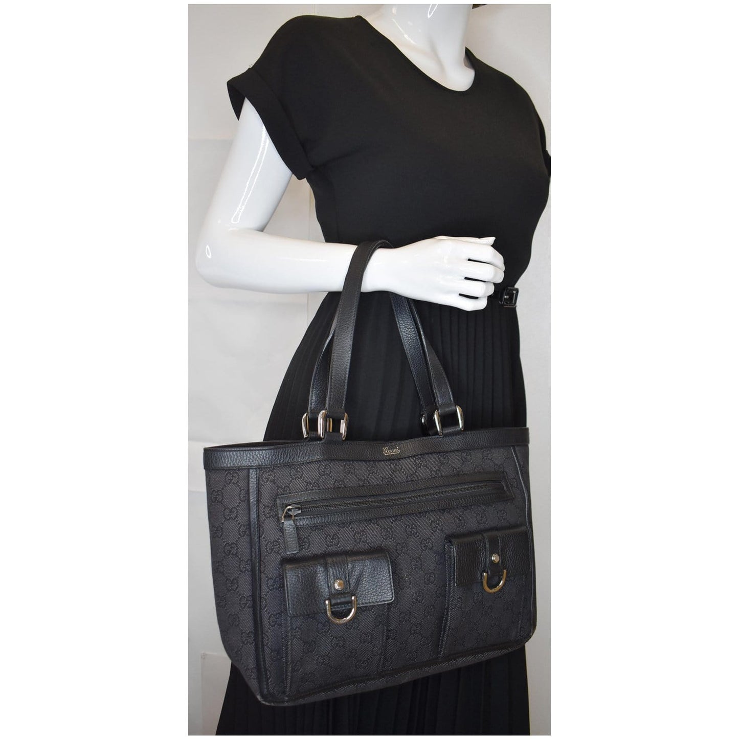 Gucci Abbey Pocket Tote Bag Off Denim Black