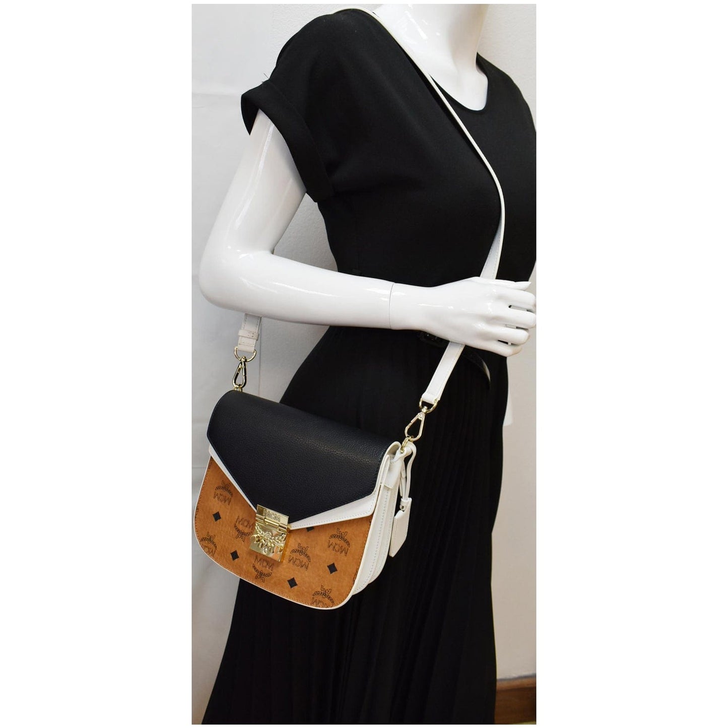 MCM Patricia Visetos Crossbody Bag Cognac Leather Small