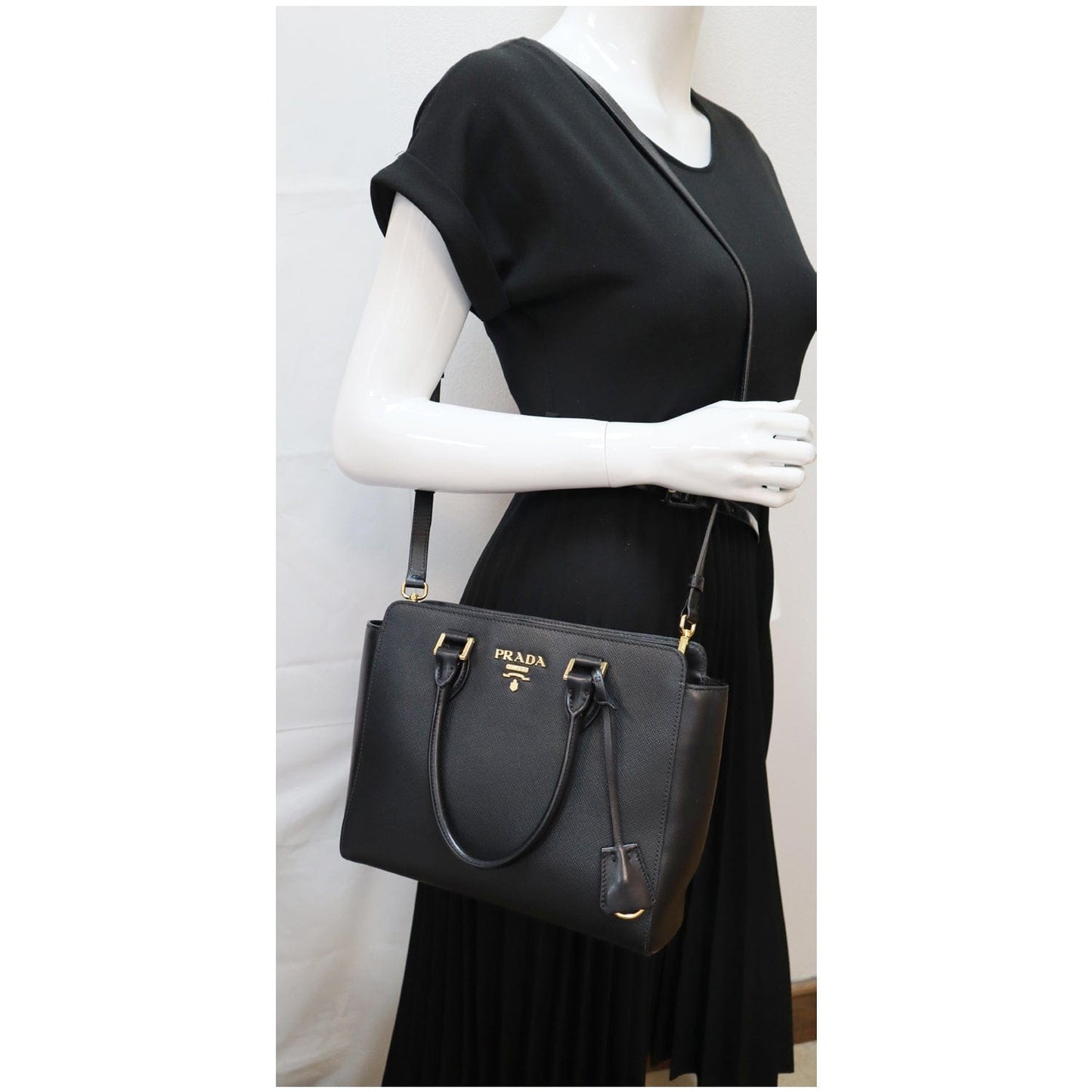 Prada Top Handle Saffiano Tote Crossbody Bag Leather Black