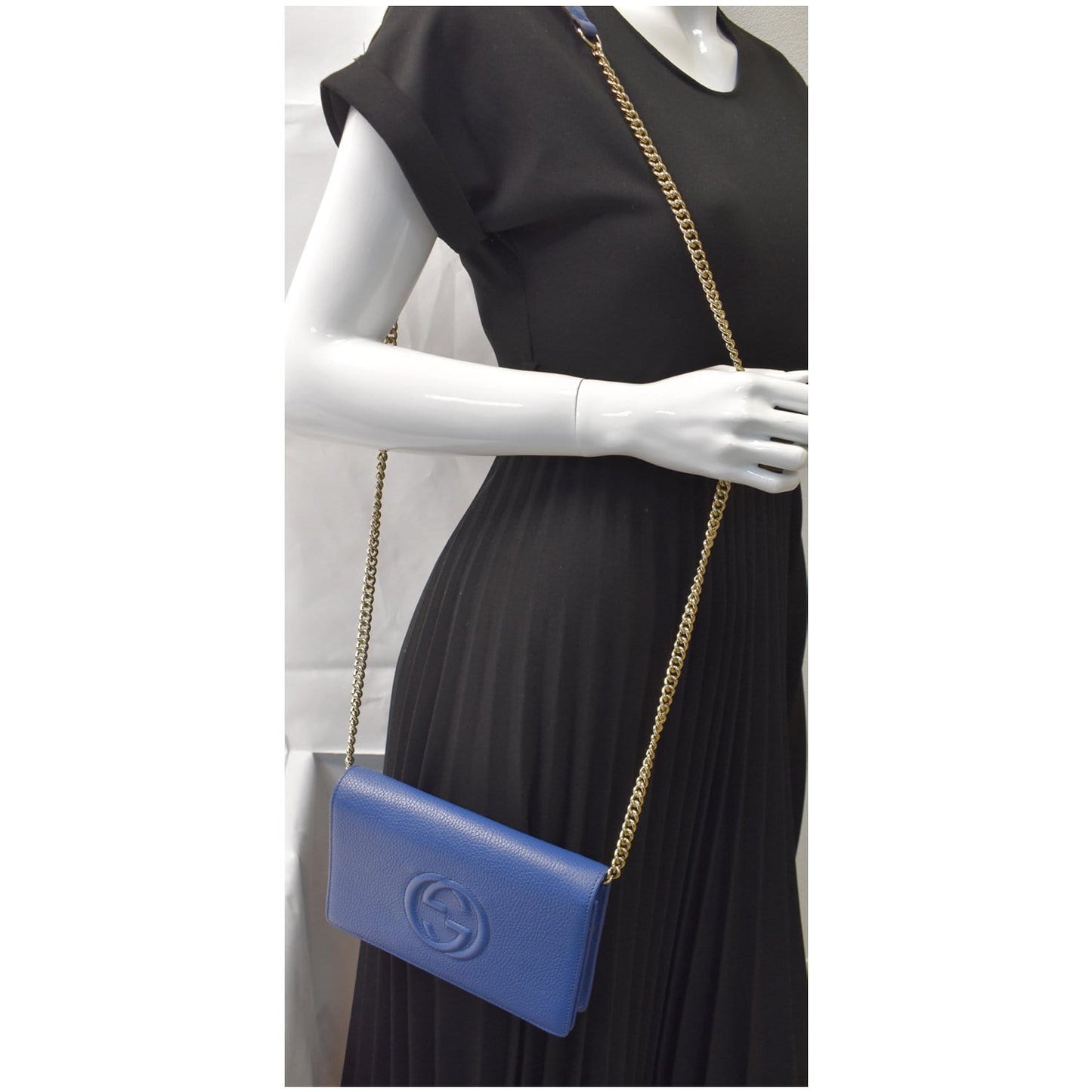 Gucci Soho Pebbled Wallet On Chain Bag Leather Blue Crossbody Bag
