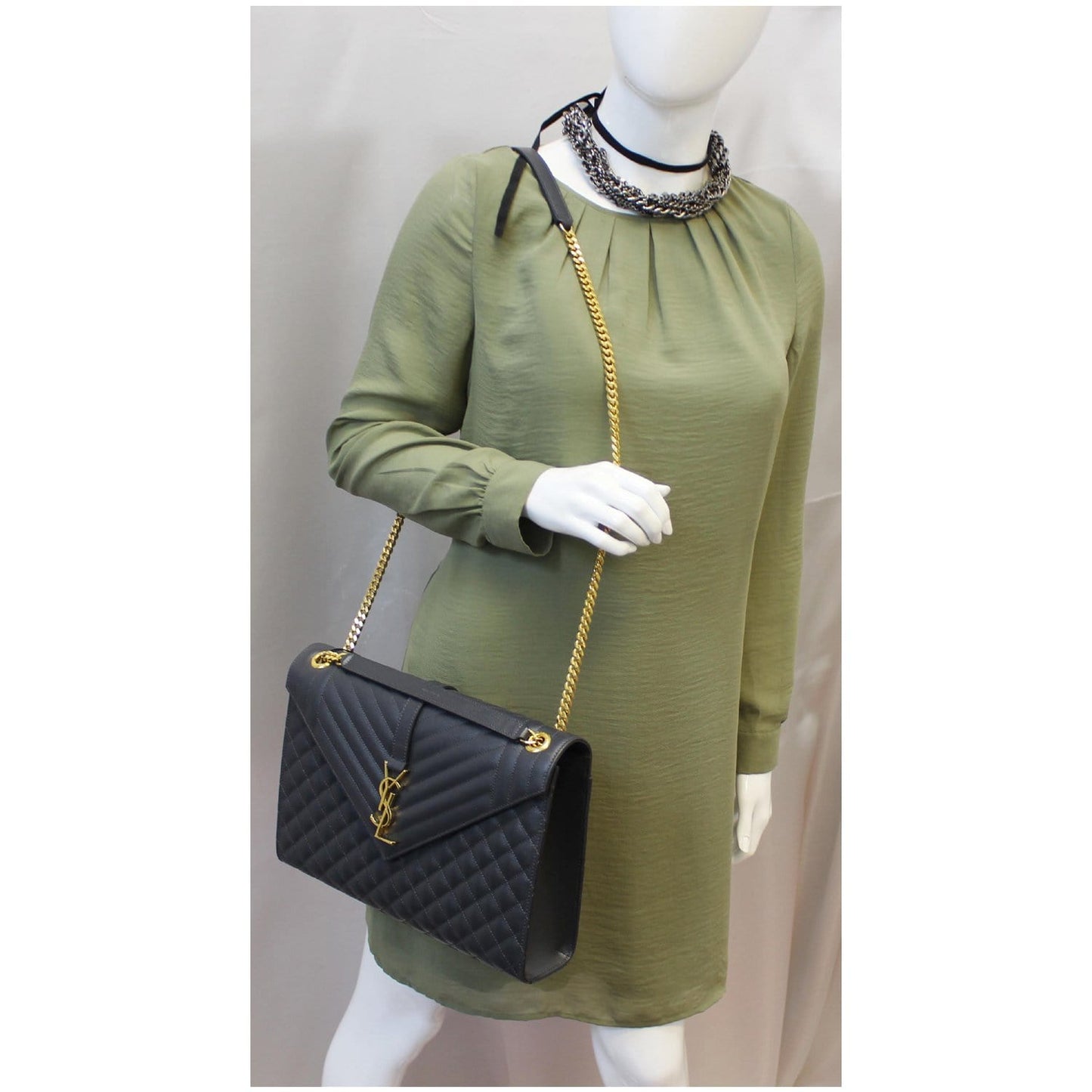 YSL Saint Laurent Saint Envelope Embossed Shoulder Bag Dark Smog Leather Matelasse
