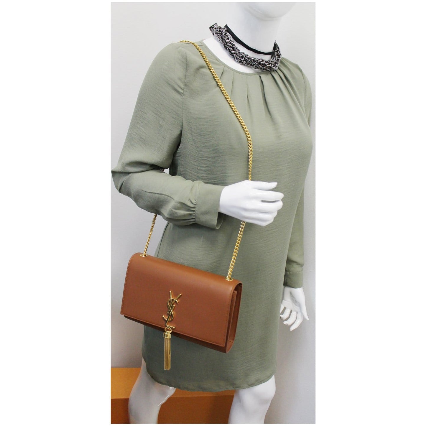 YSL Saint Laurent Saint Kate Grain De Poudre Shoulder Bag Leather Brown