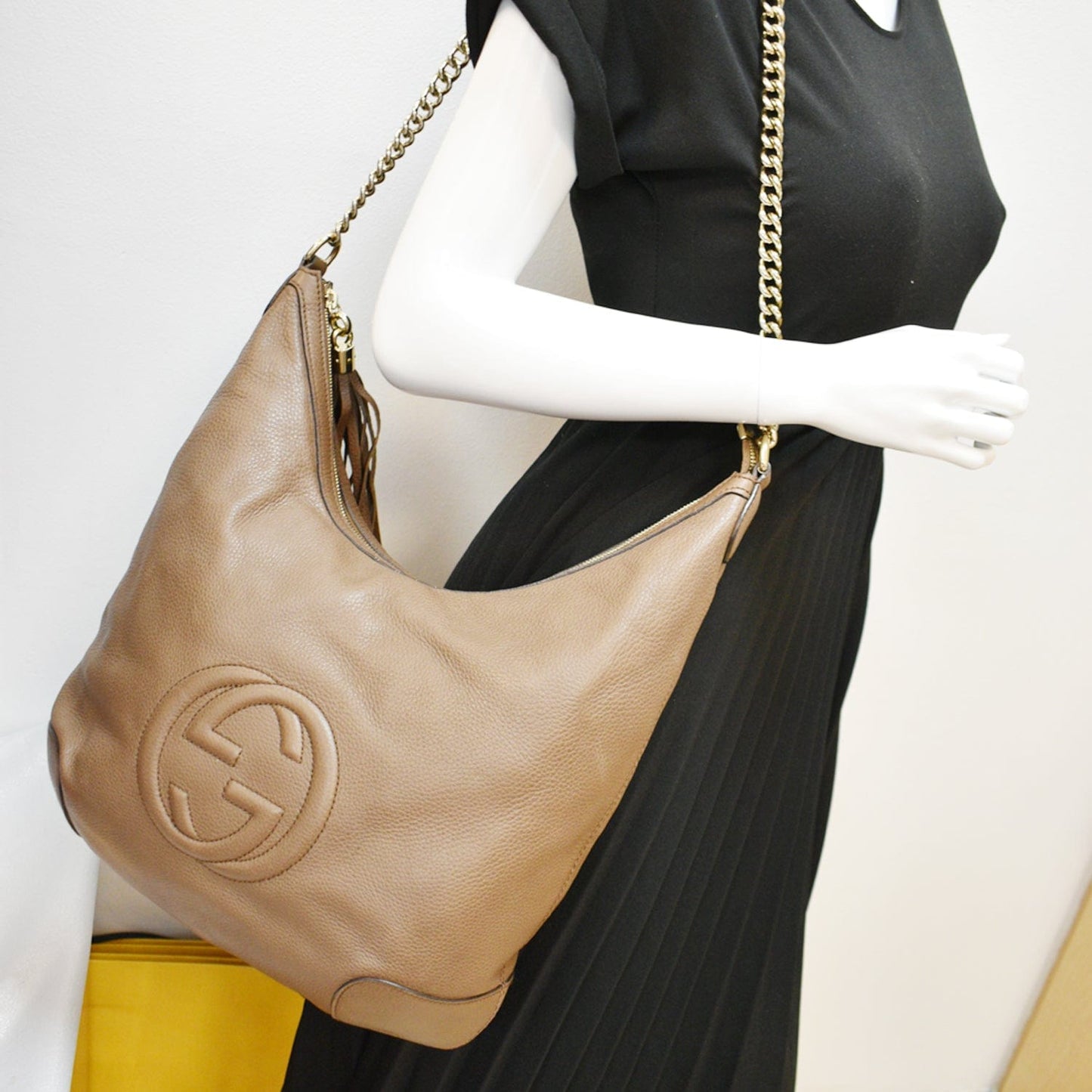 Gucci Soho Pebbled Shoulder Bag Maple Leather Brown