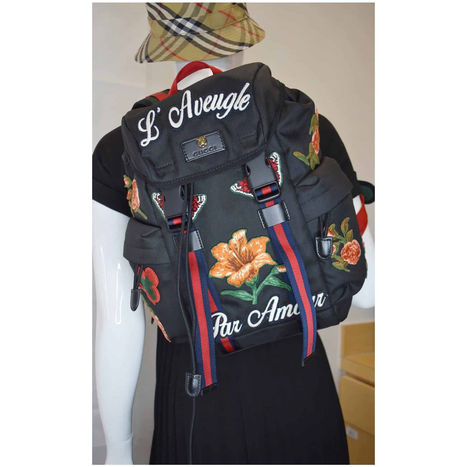 Gucci Techno Embroidery Fabric Backpack Bag Black
