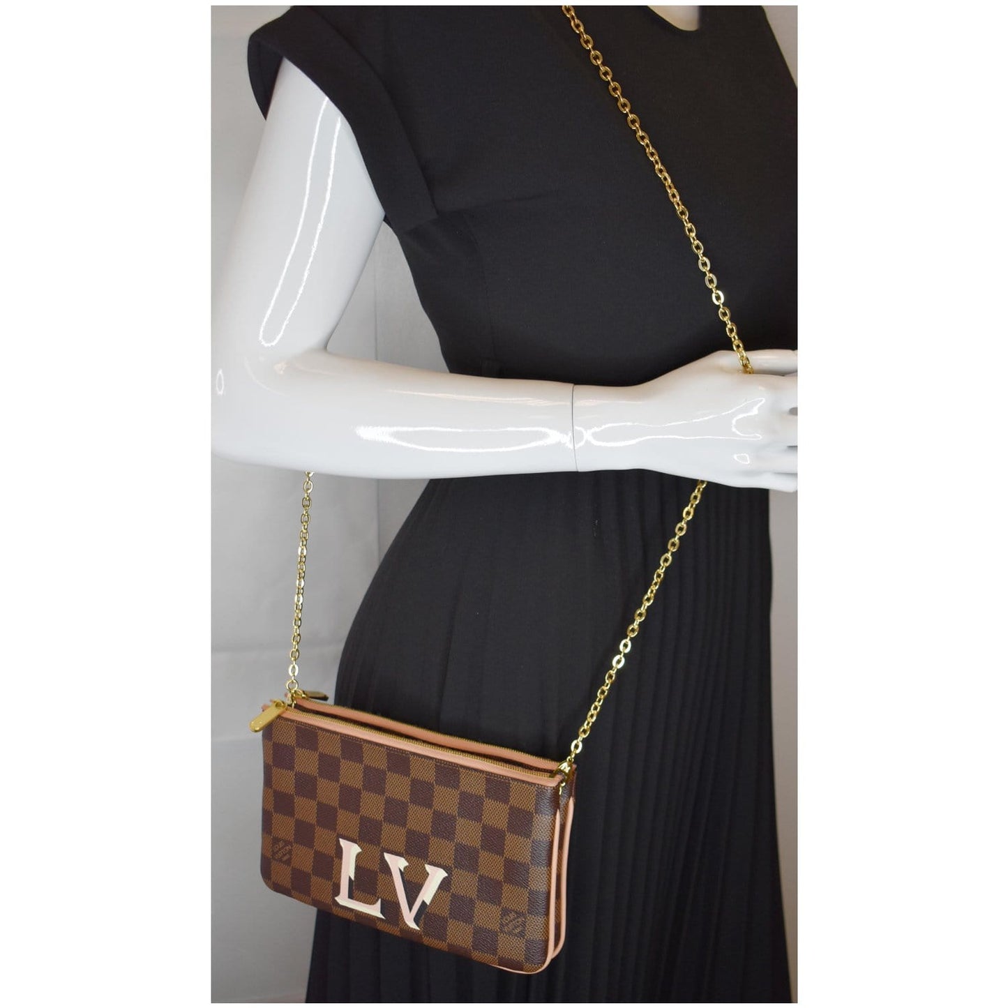 Louis Double Zip Pochette Damier Ebene Crossbody Brown Crossbody Bag