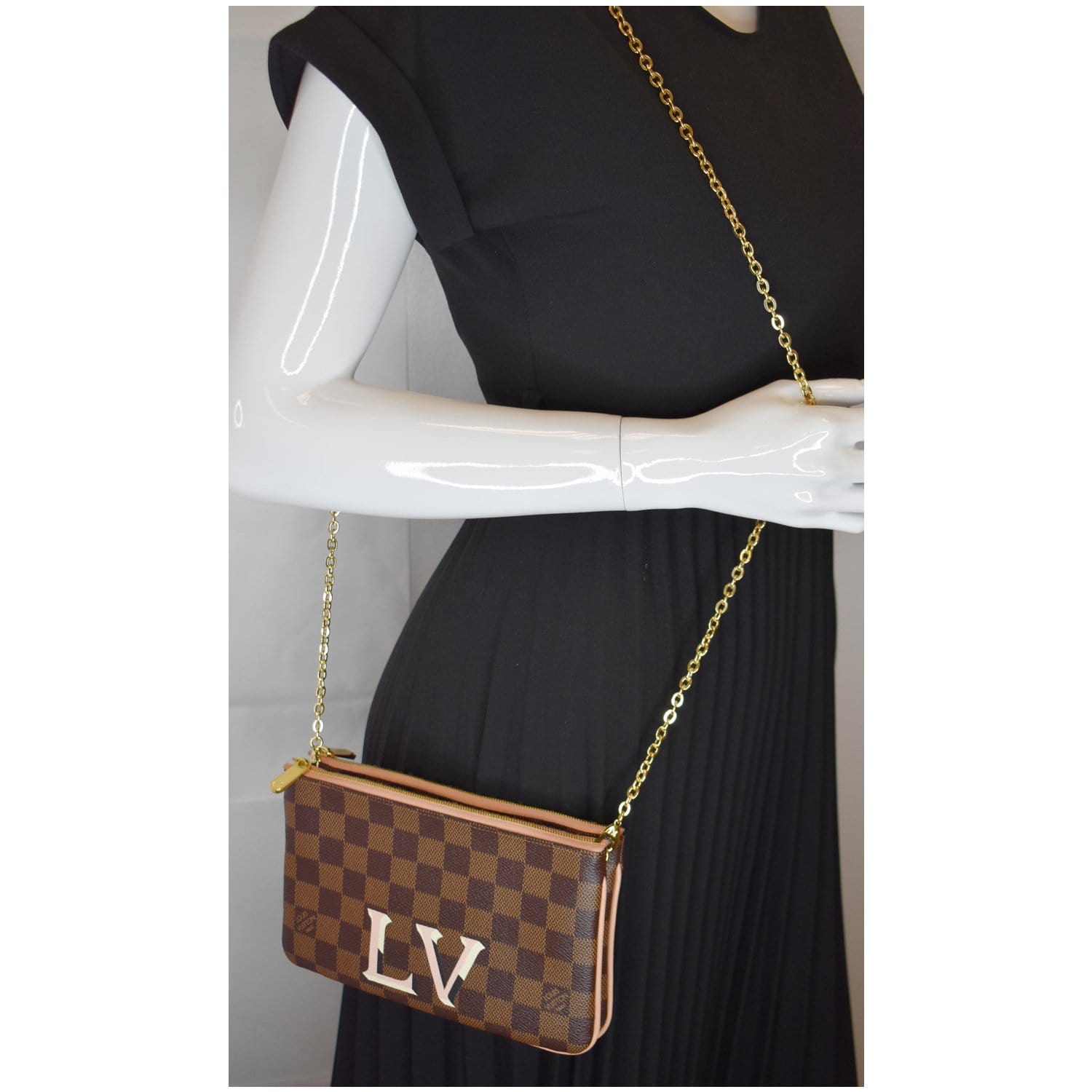 Louis Double Zip Pochette Damier Ebene Crossbody Brown Crossbody Bag