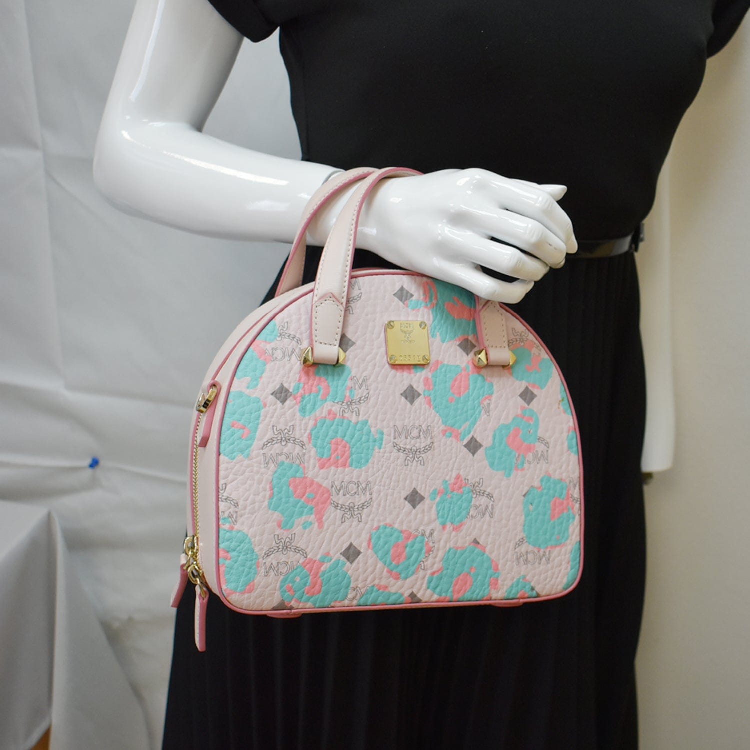 MCM Aren Half Moon Floral Tote Bag Canvas Pink