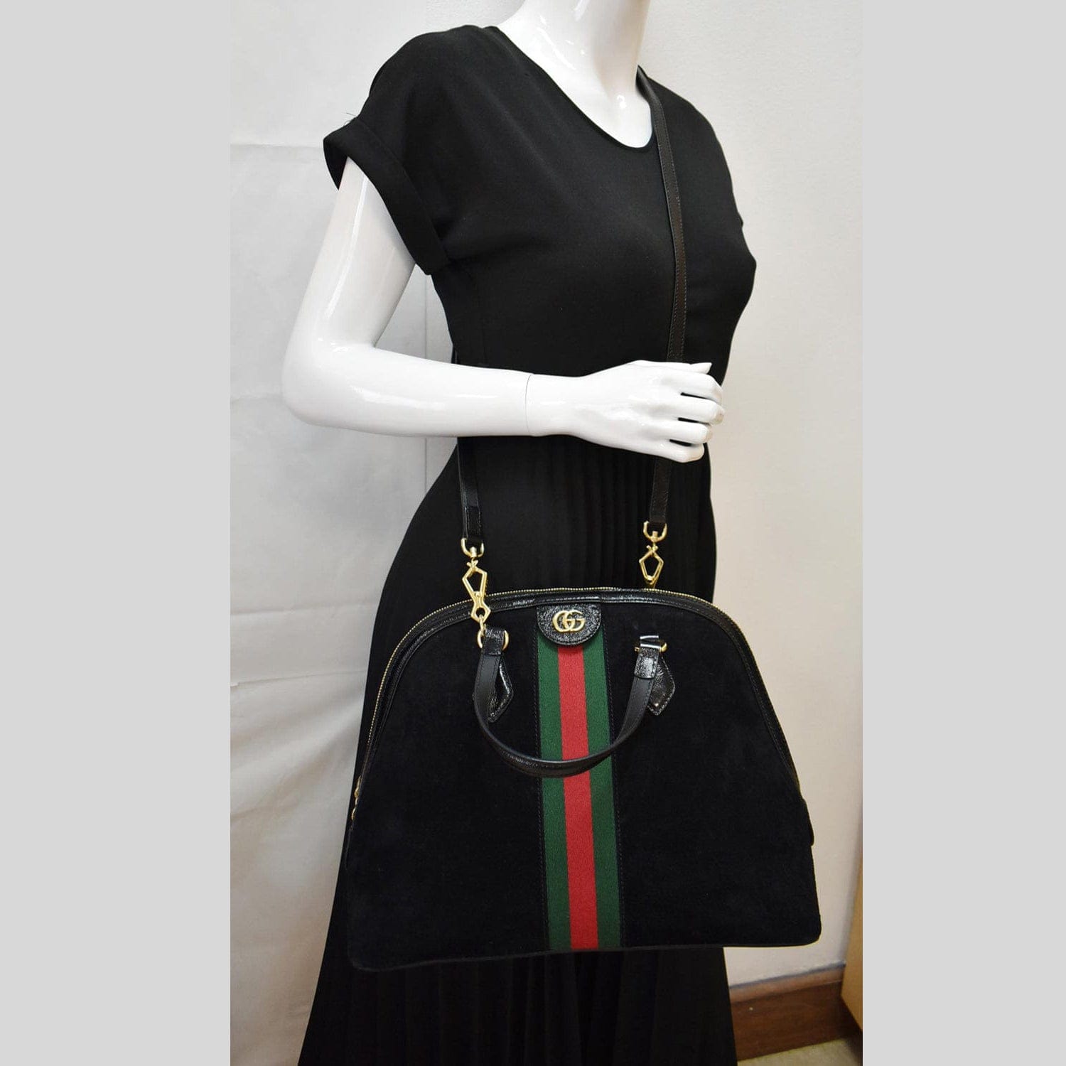 Gucci Ophidia Web Top Handle Crossbody Bag Suede Black