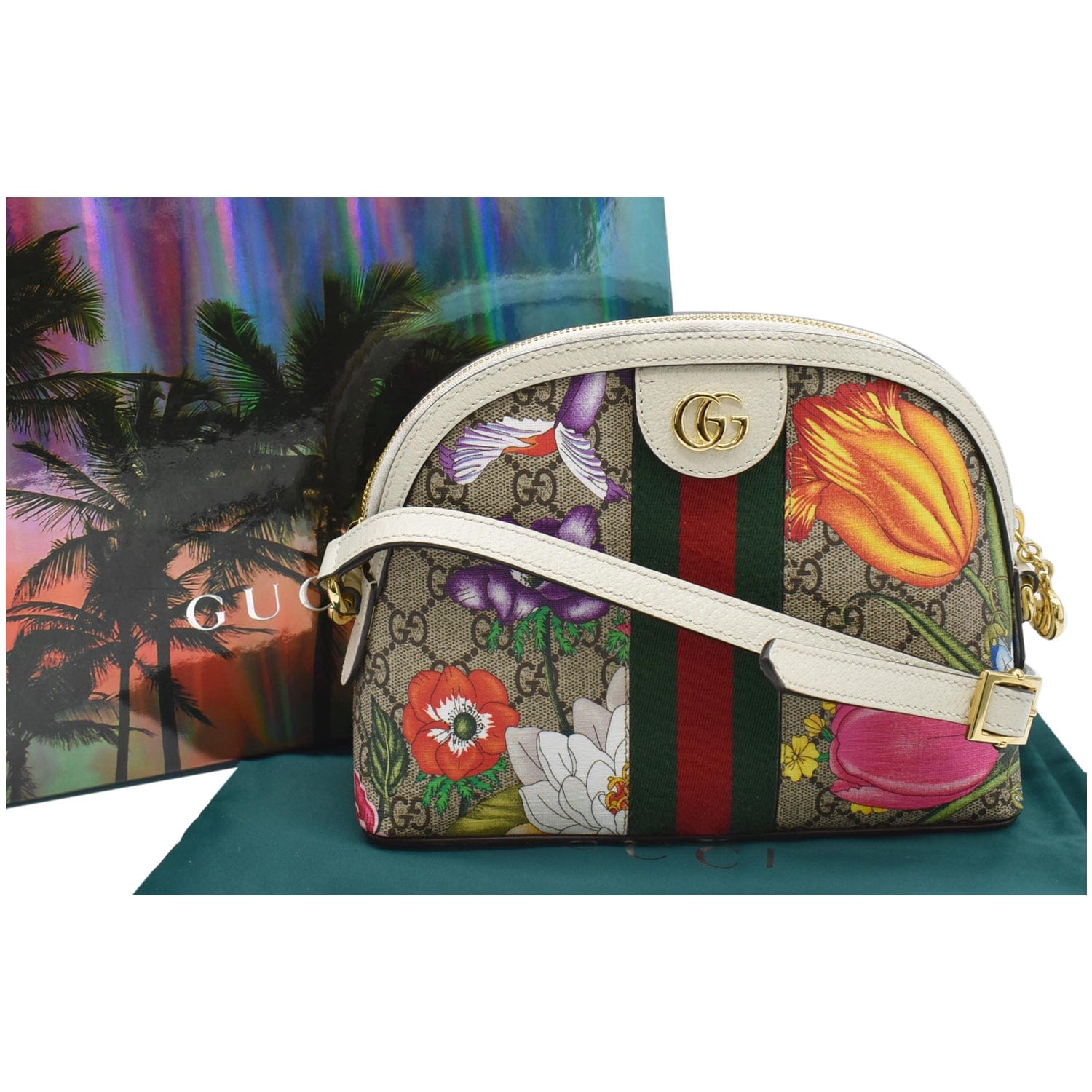 Gucci Ophidia Flora Supreme Shoulder Bag Canvas Beige