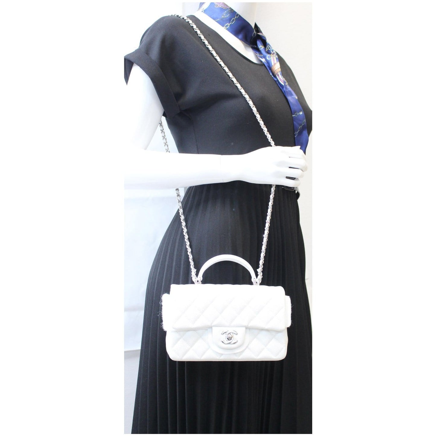 Chanel Top Handle Flap Caviar Crossbody Bag Leather White