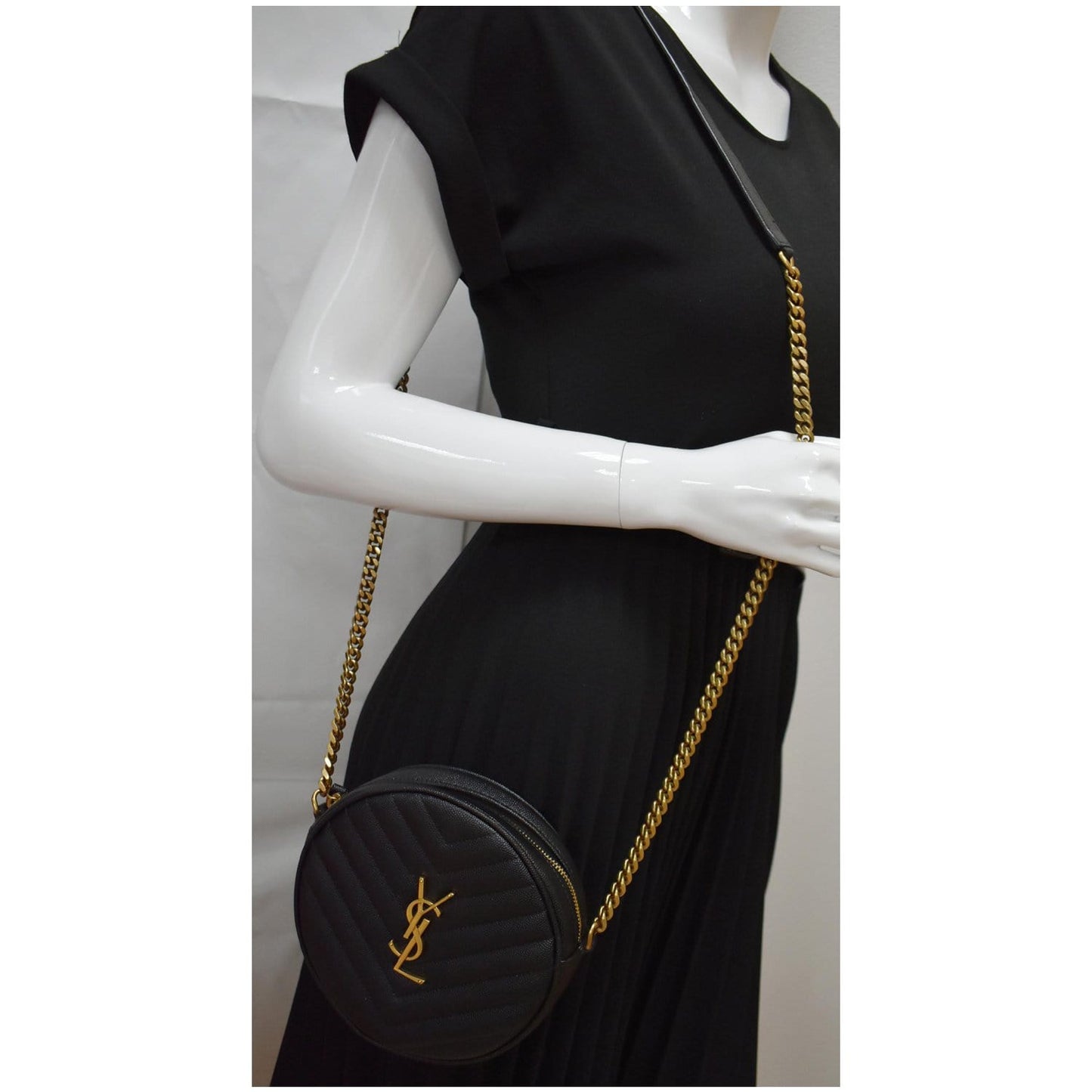 YSL Saint Laurent Saint Vinyle Round Chevron Crossbody Bag Leather Black