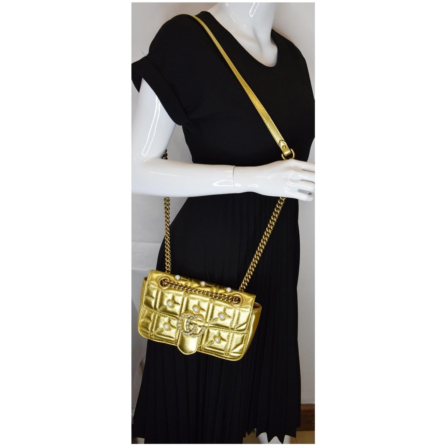Gucci Marmont Pearl Studded Shoulder Bag Leather Gold