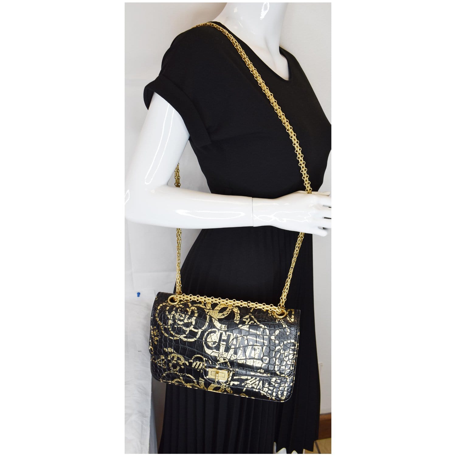 Chanel Reissue Crocodile Embossed Graffiti Shoulder Bag Black Flap