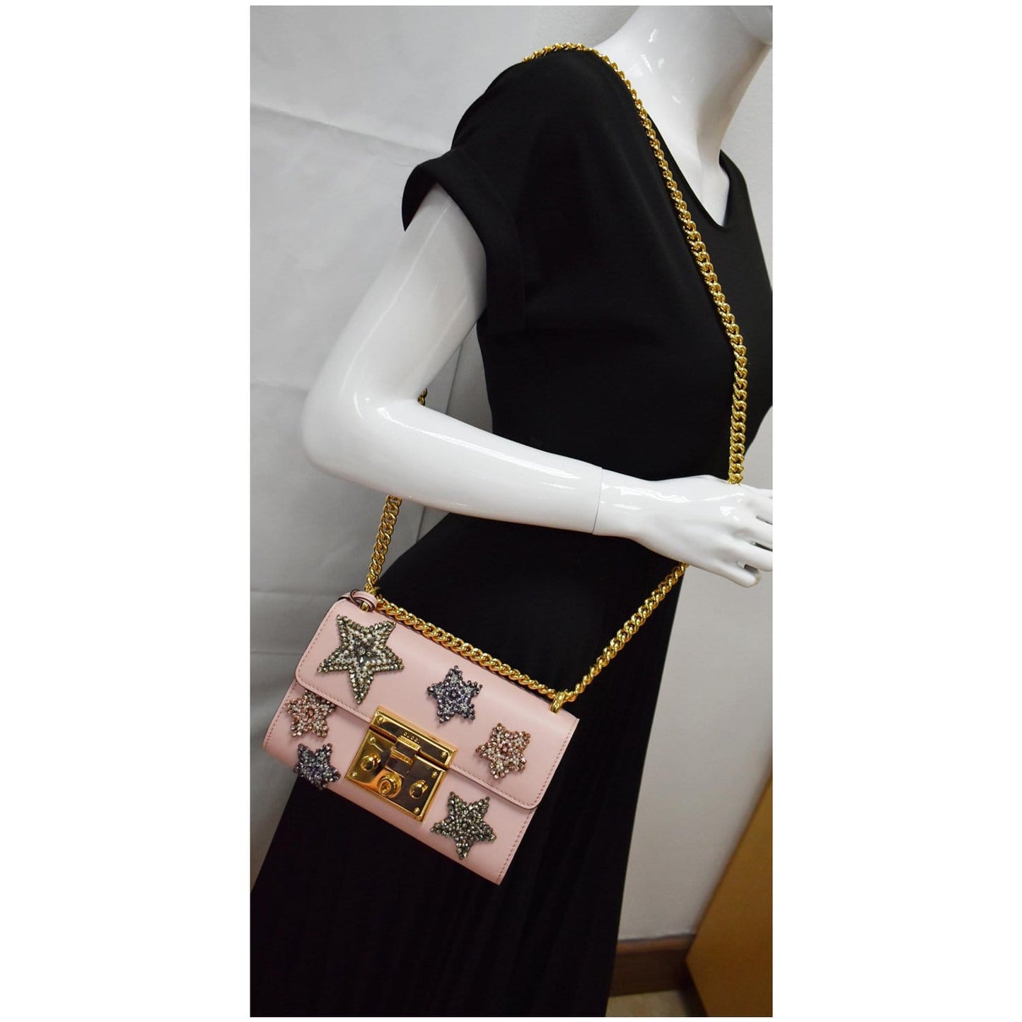 Gucci Crystal Star Embroidered Padlock Shoulder Bag Pink