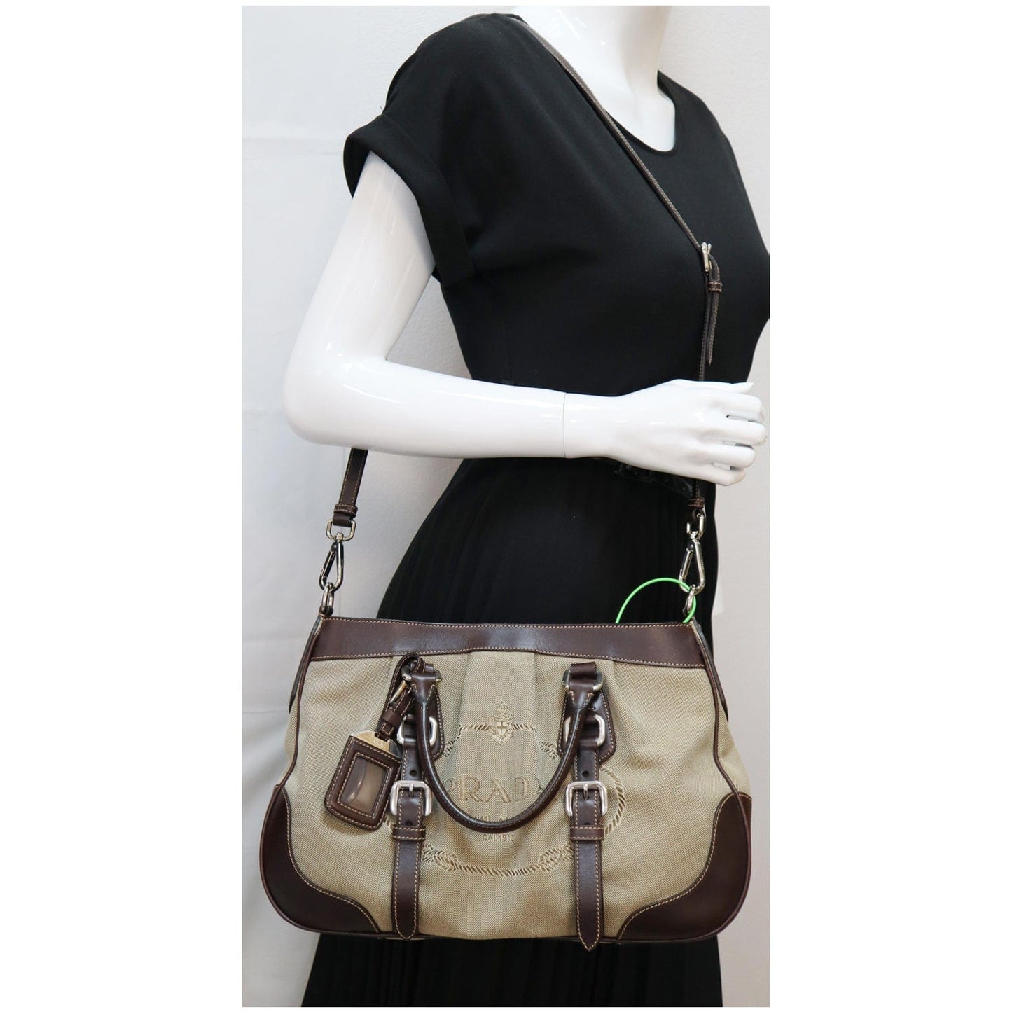 Prada Jacquard Logo Tote Shoulder Bag Leather Canvas