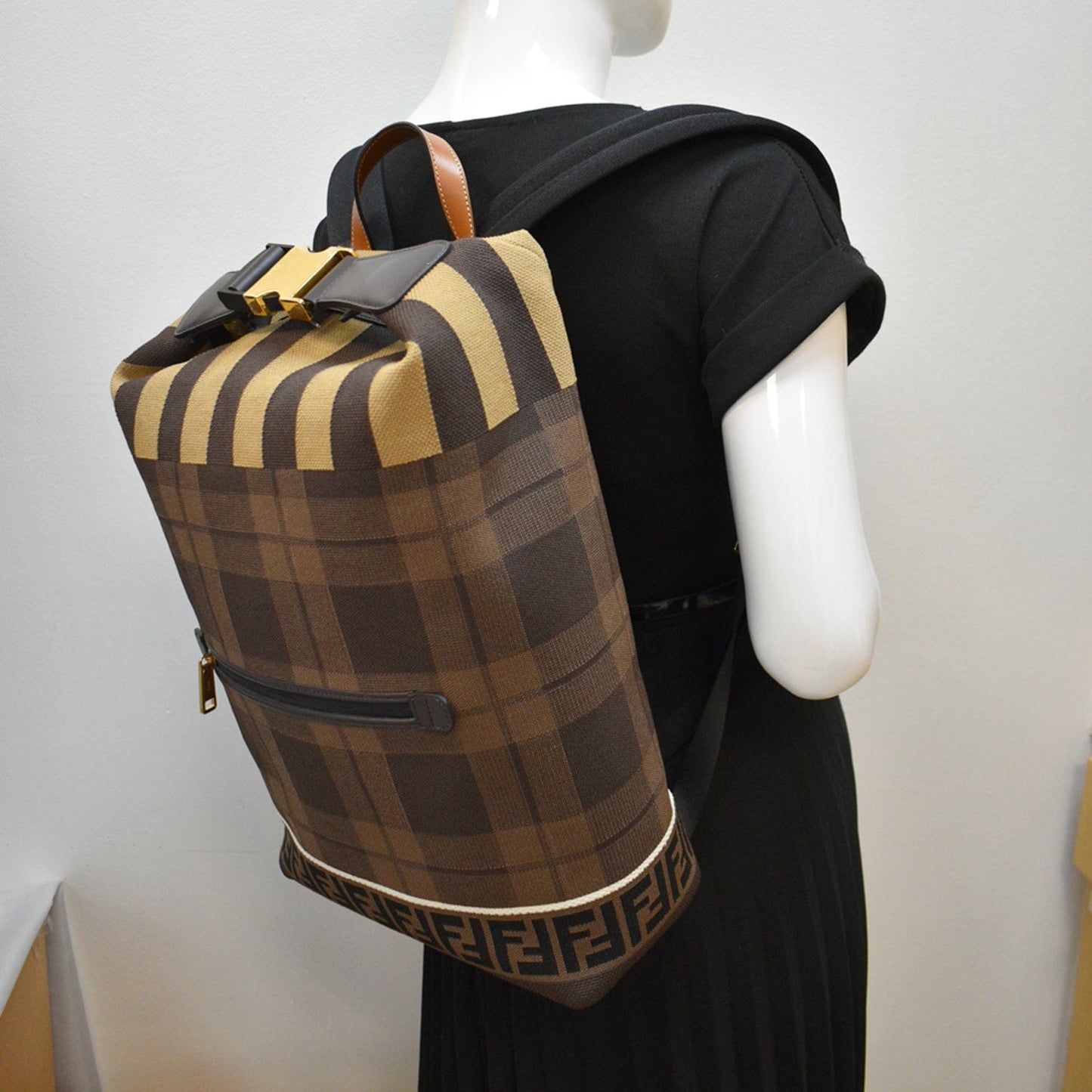 Fendi Tartan Forever Tech Knit Backpack Canvas Brown
