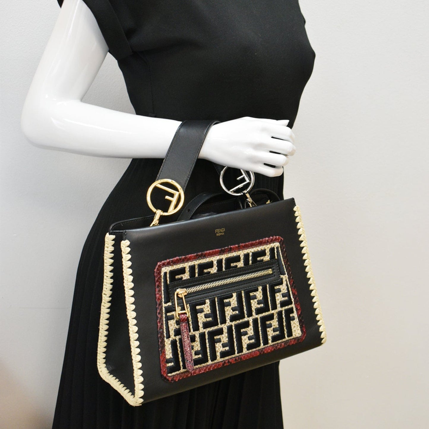 Fendi Embroidered Python Shoulder Bag Leather Raffia
