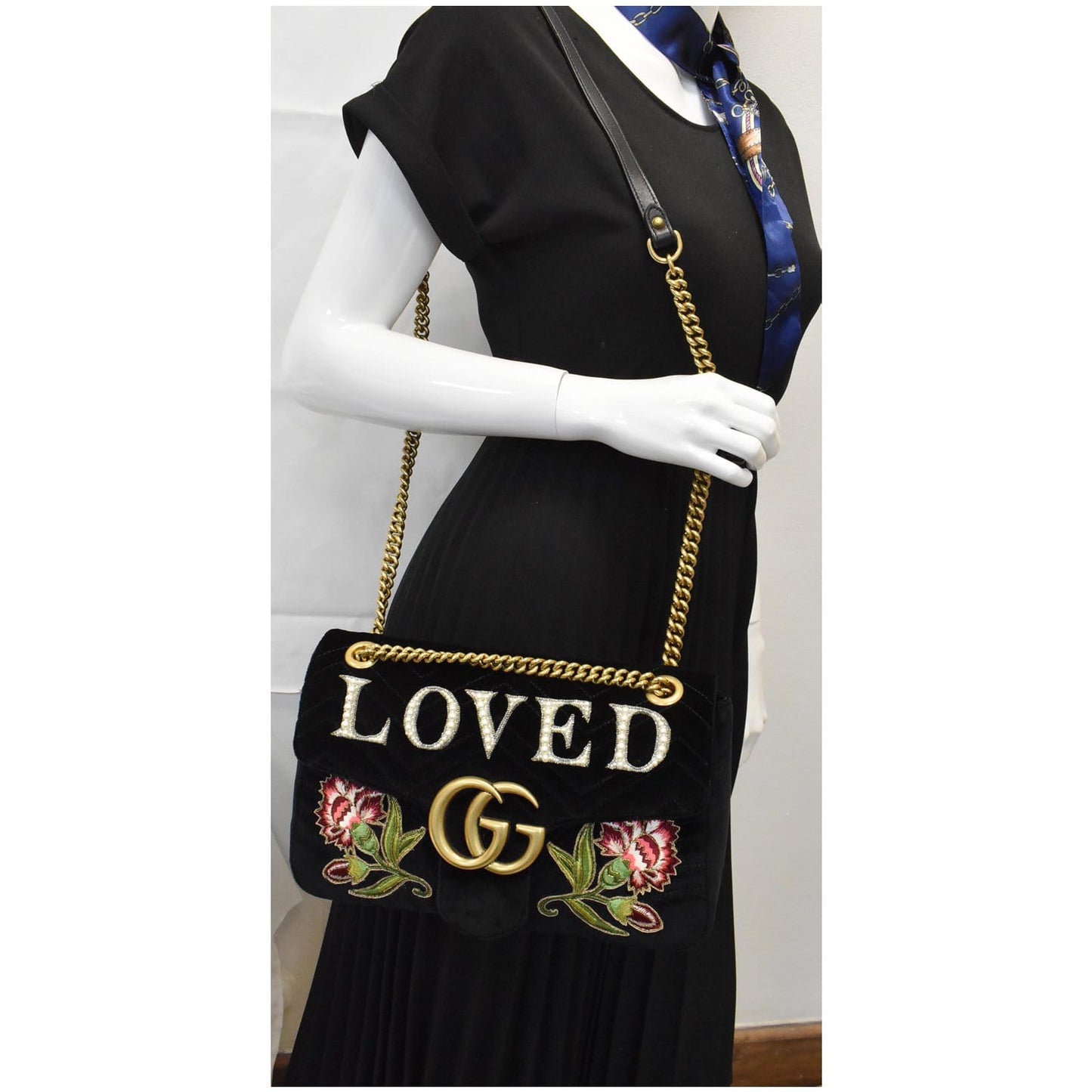 Gucci Blind For Love Marmont Embroidered Velvet Shoulder Black Shoulder Bag