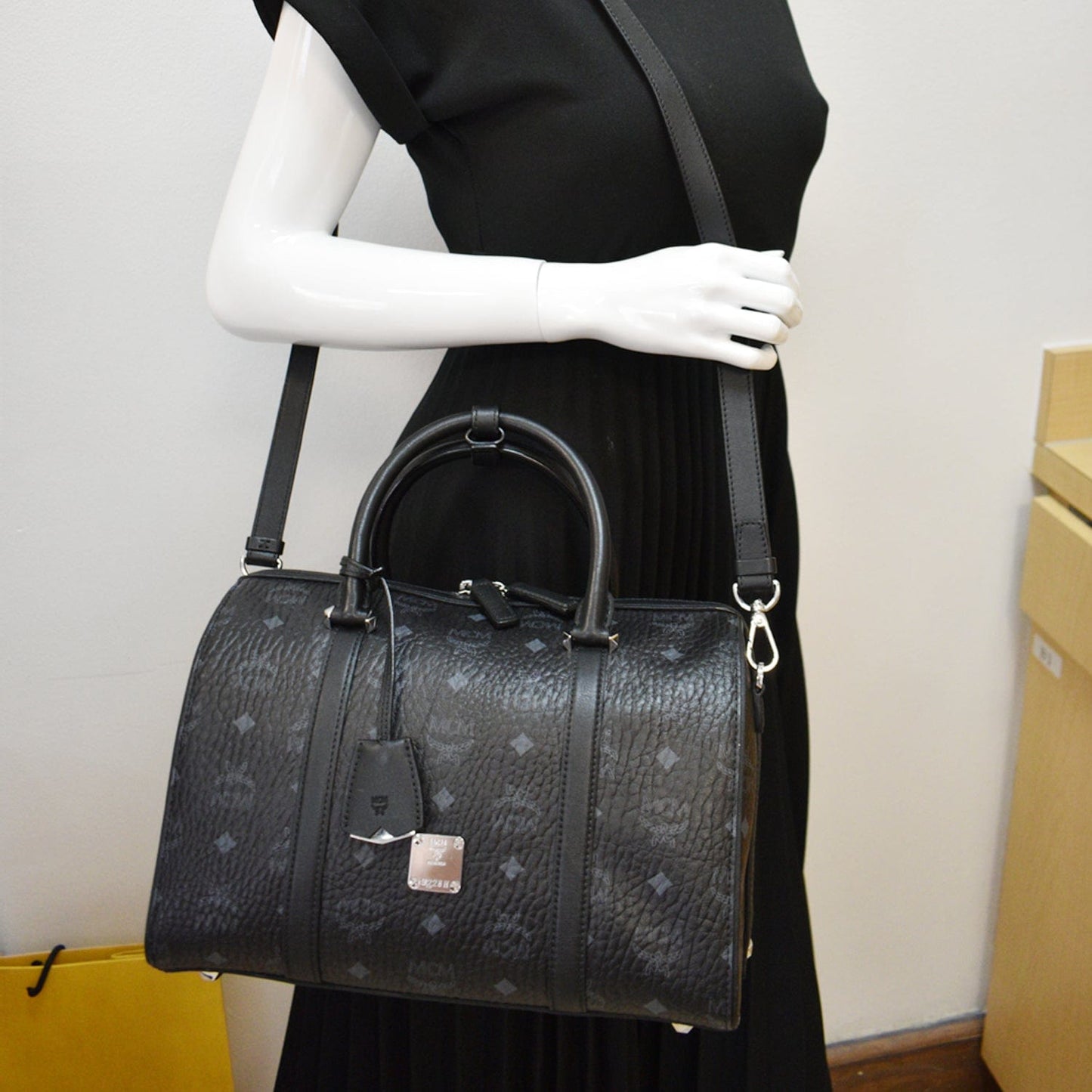 MCM Visetos Boston Bag Canvas Black Travel Bag