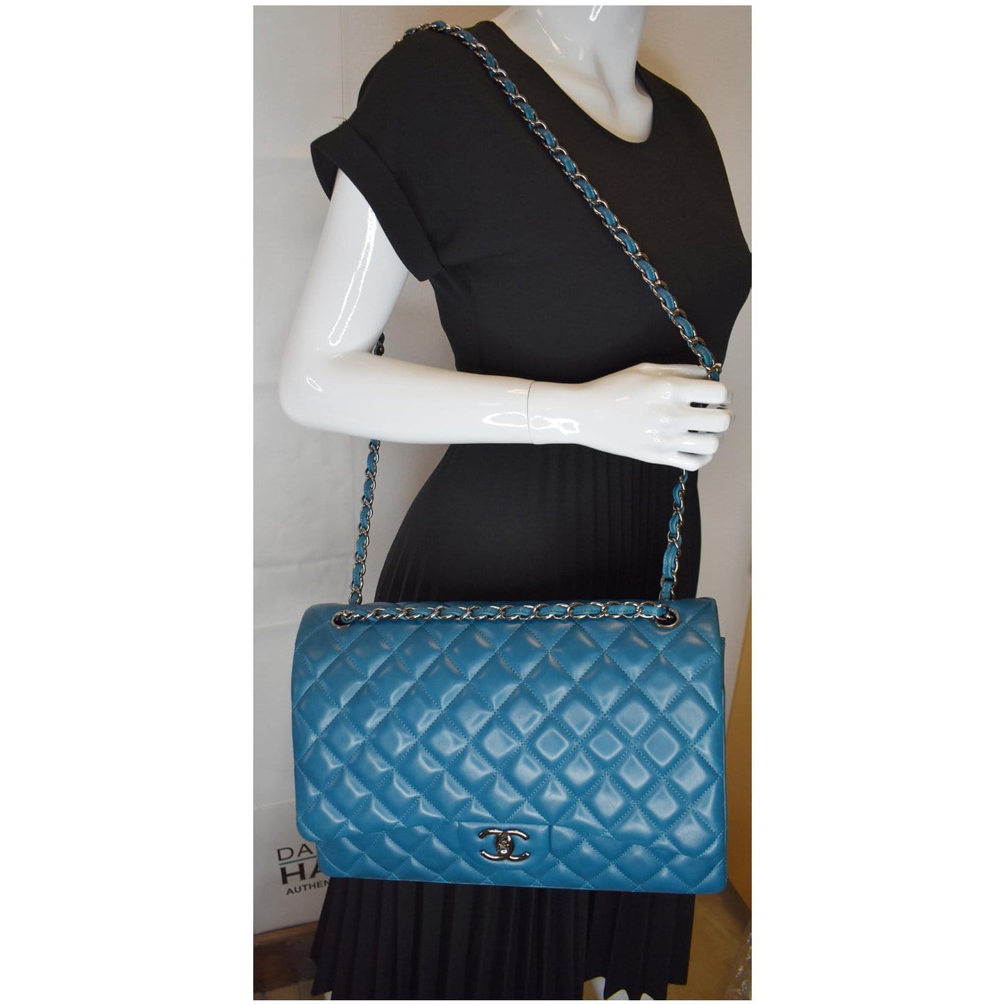 Chanel Maxi Double Calfskin Shoulder Bag Turquoise Leather Flap