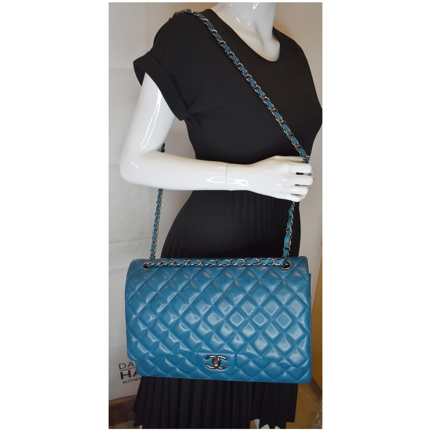 Chanel Maxi Double Calfskin Shoulder Bag Turquoise Leather Flap