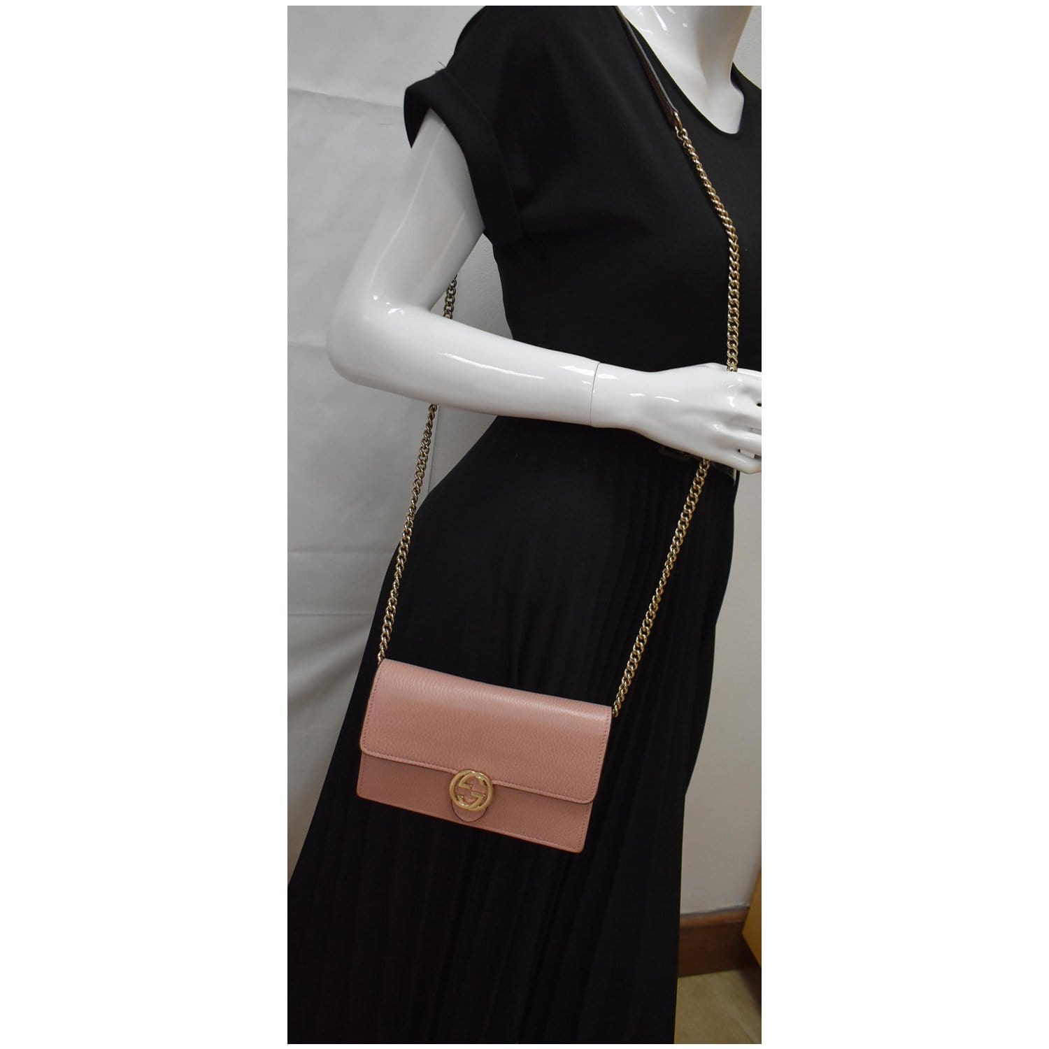 Gucci Dollar Interlocking Wallet Crossbody Bag Soft Leather Pink