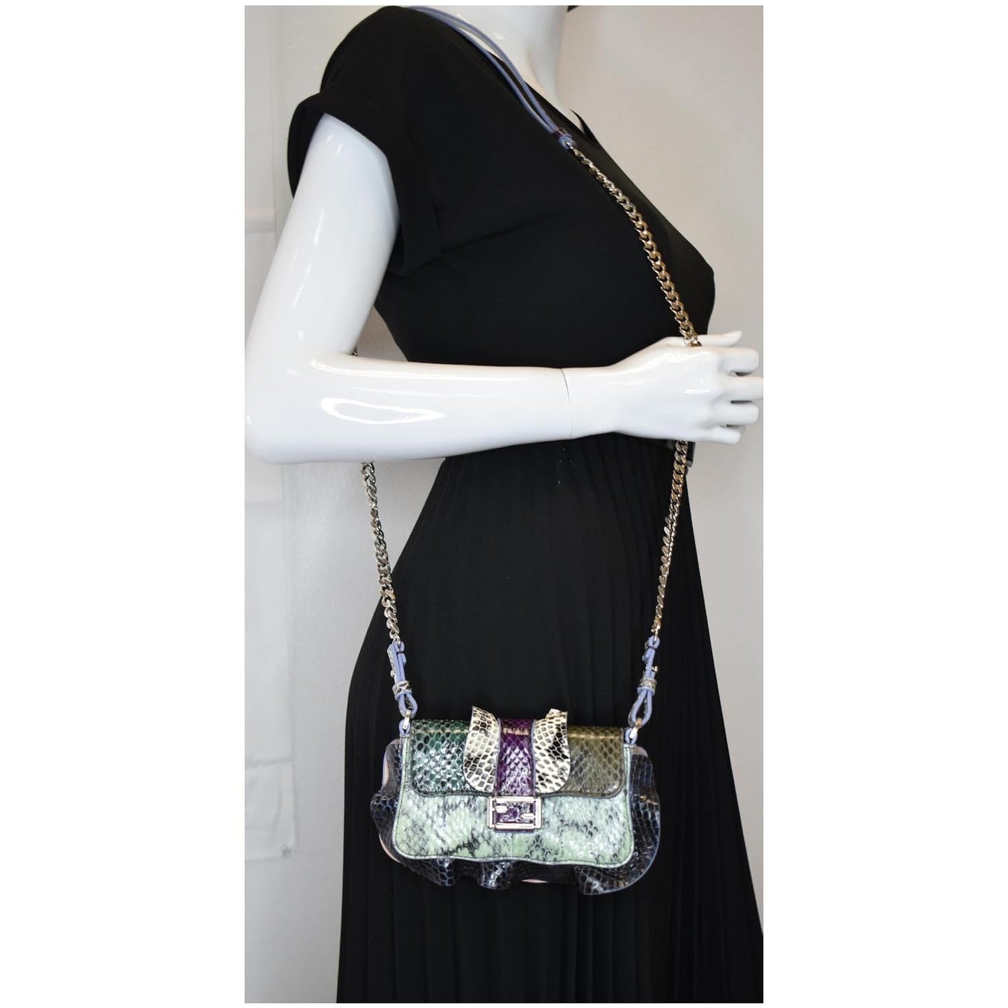 Fendi Baguette Microwave Python Crossbody Bag Multi Leather Chain