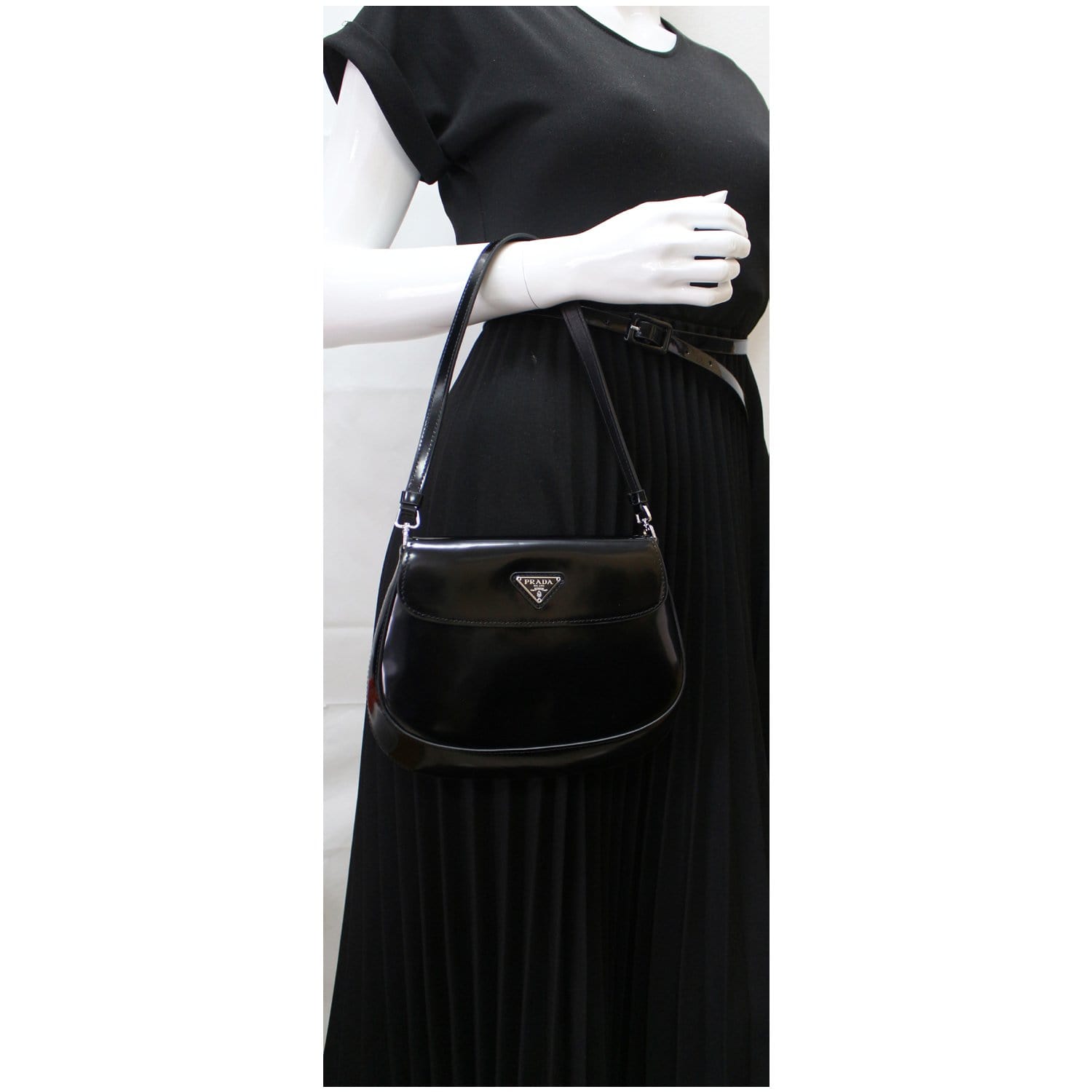 Prada Cleo Brushed Shoulder Bag Leather Black